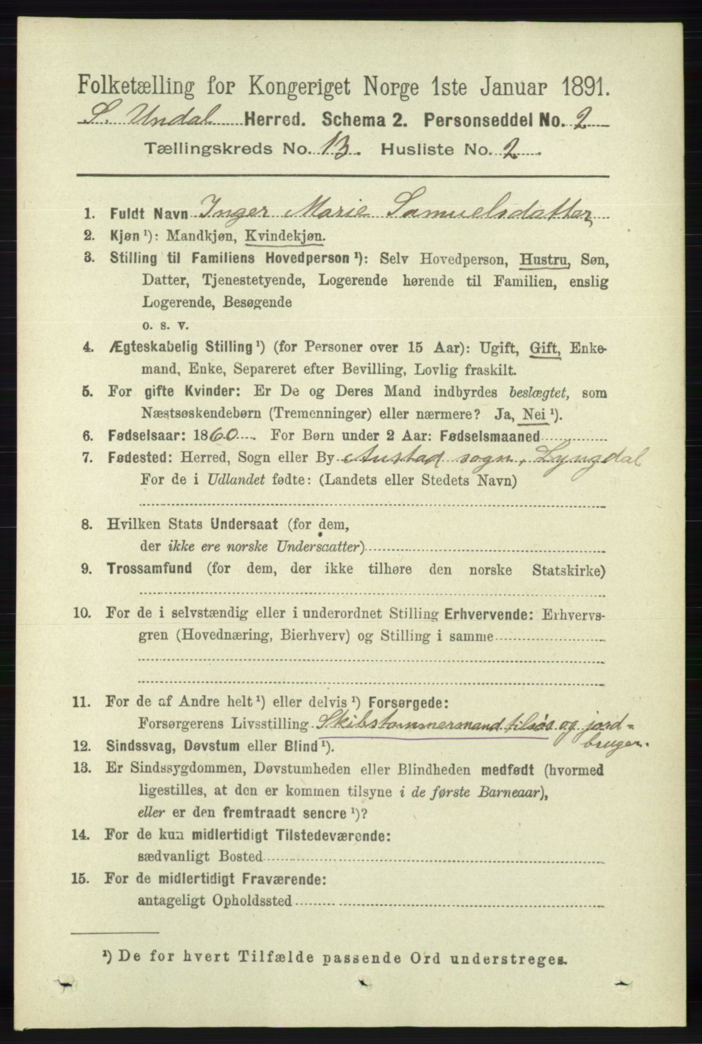 RA, Folketelling 1891 for 1029 Sør-Audnedal herred, 1891, s. 5797