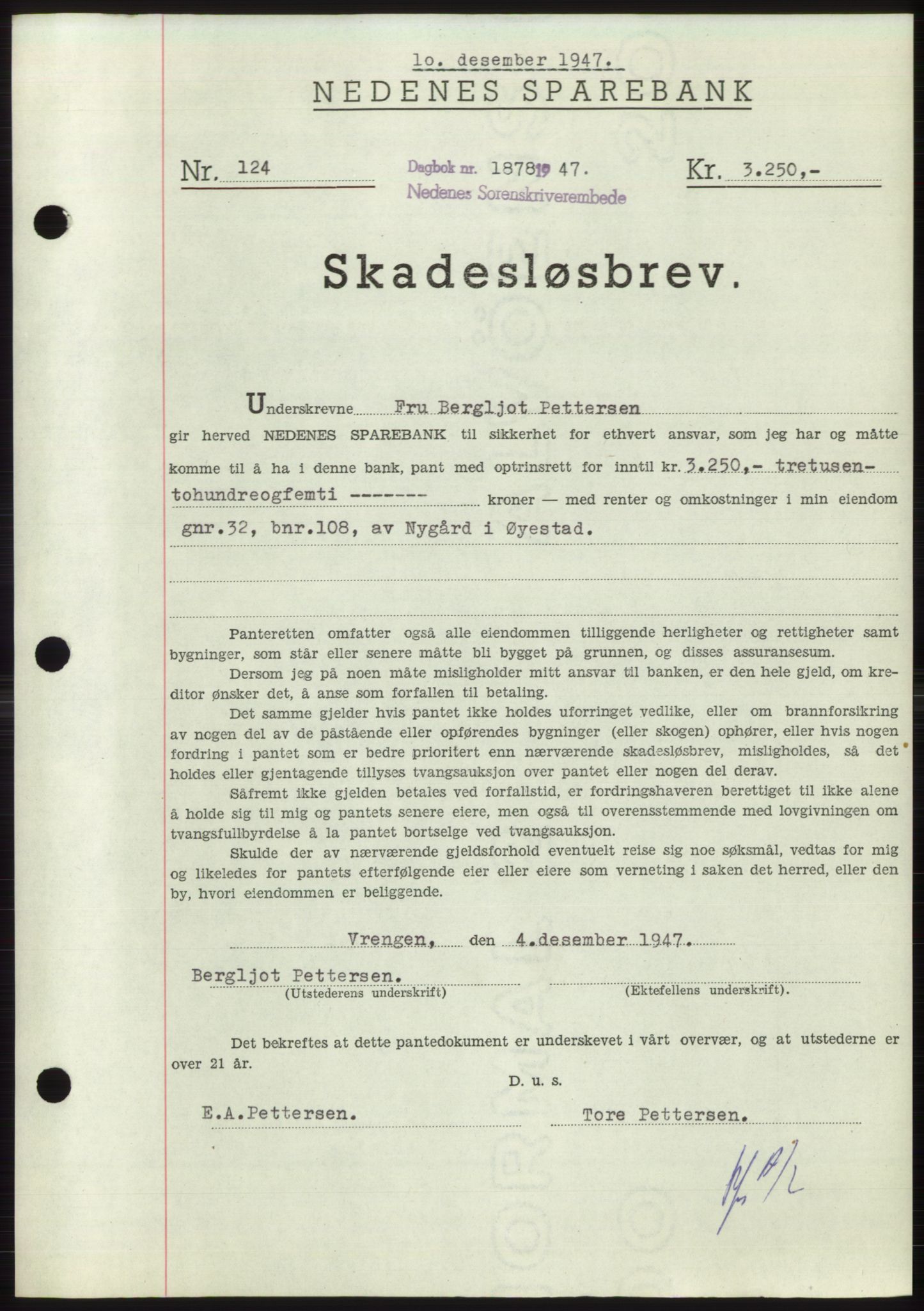 Nedenes sorenskriveri, SAK/1221-0006/G/Gb/Gbb/L0004: Pantebok nr. B4, 1947-1947, Dagboknr: 1878/1947