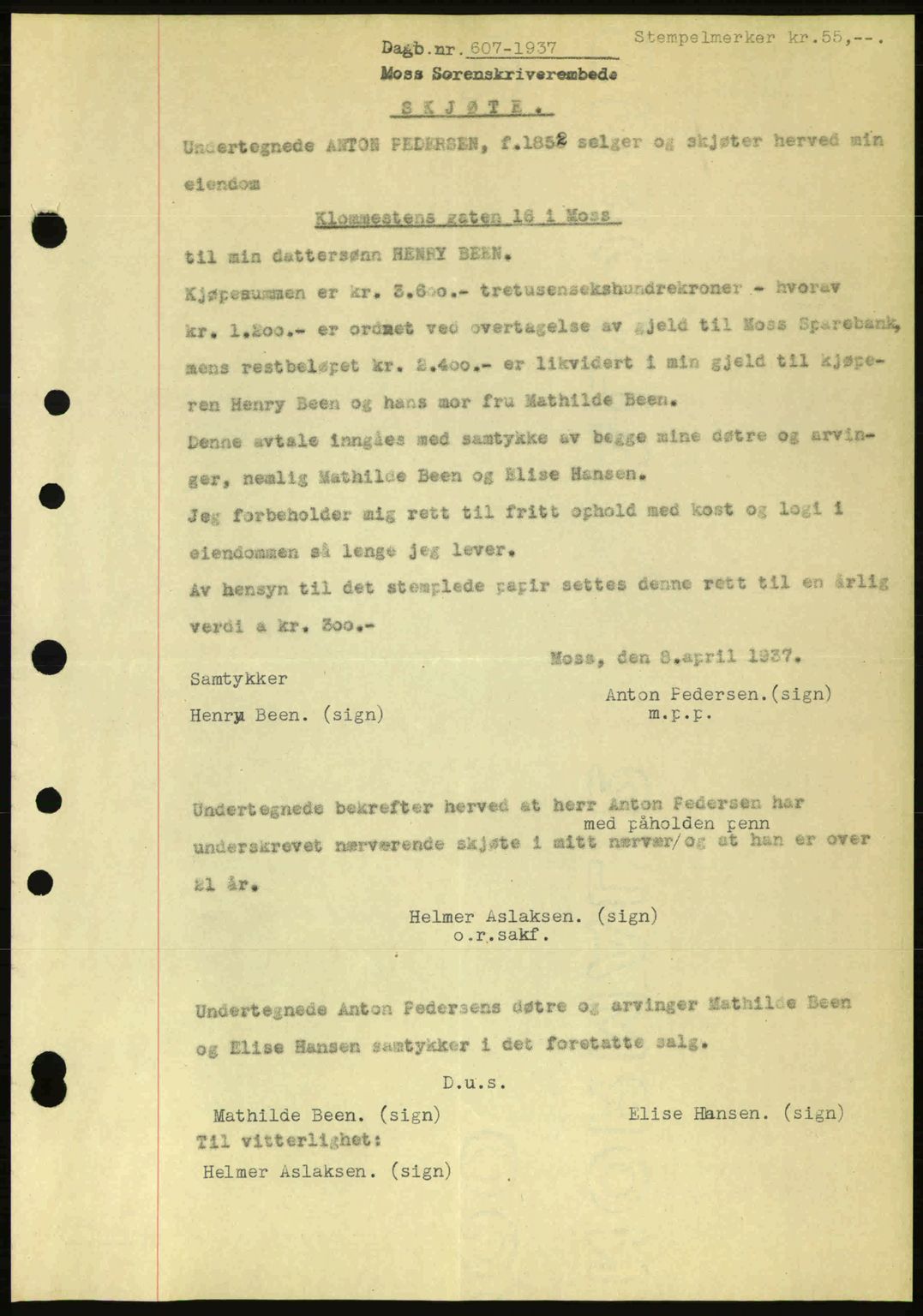 Moss sorenskriveri, SAO/A-10168: Pantebok nr. A2, 1936-1937, Dagboknr: 607/1937