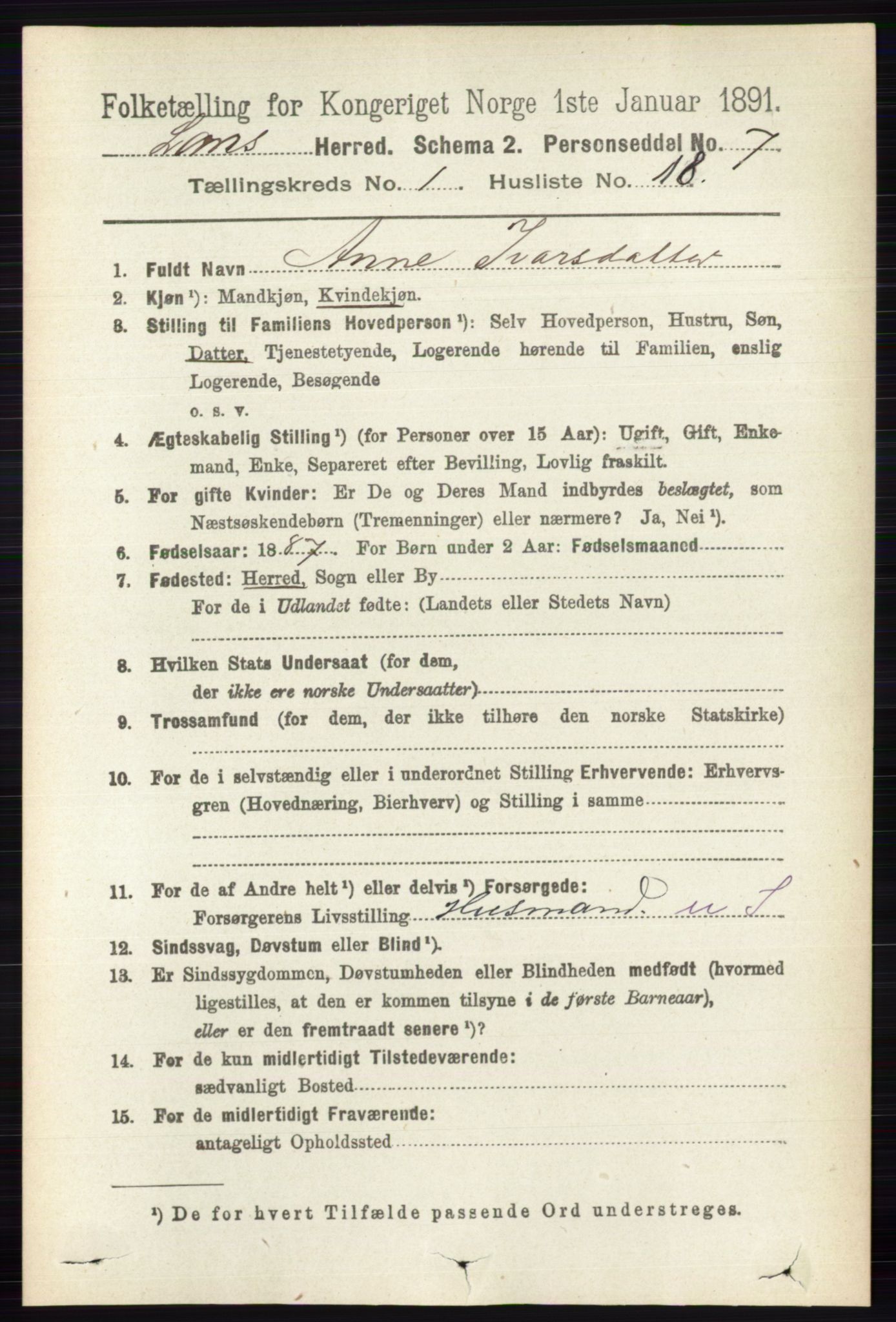 RA, Folketelling 1891 for 0514 Lom herred, 1891, s. 227