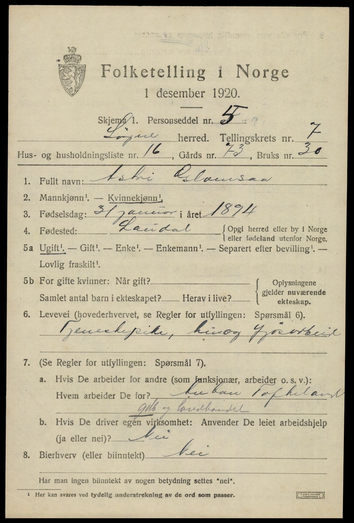 SAK, Folketelling 1920 for 1018 Søgne herred, 1920, s. 3629