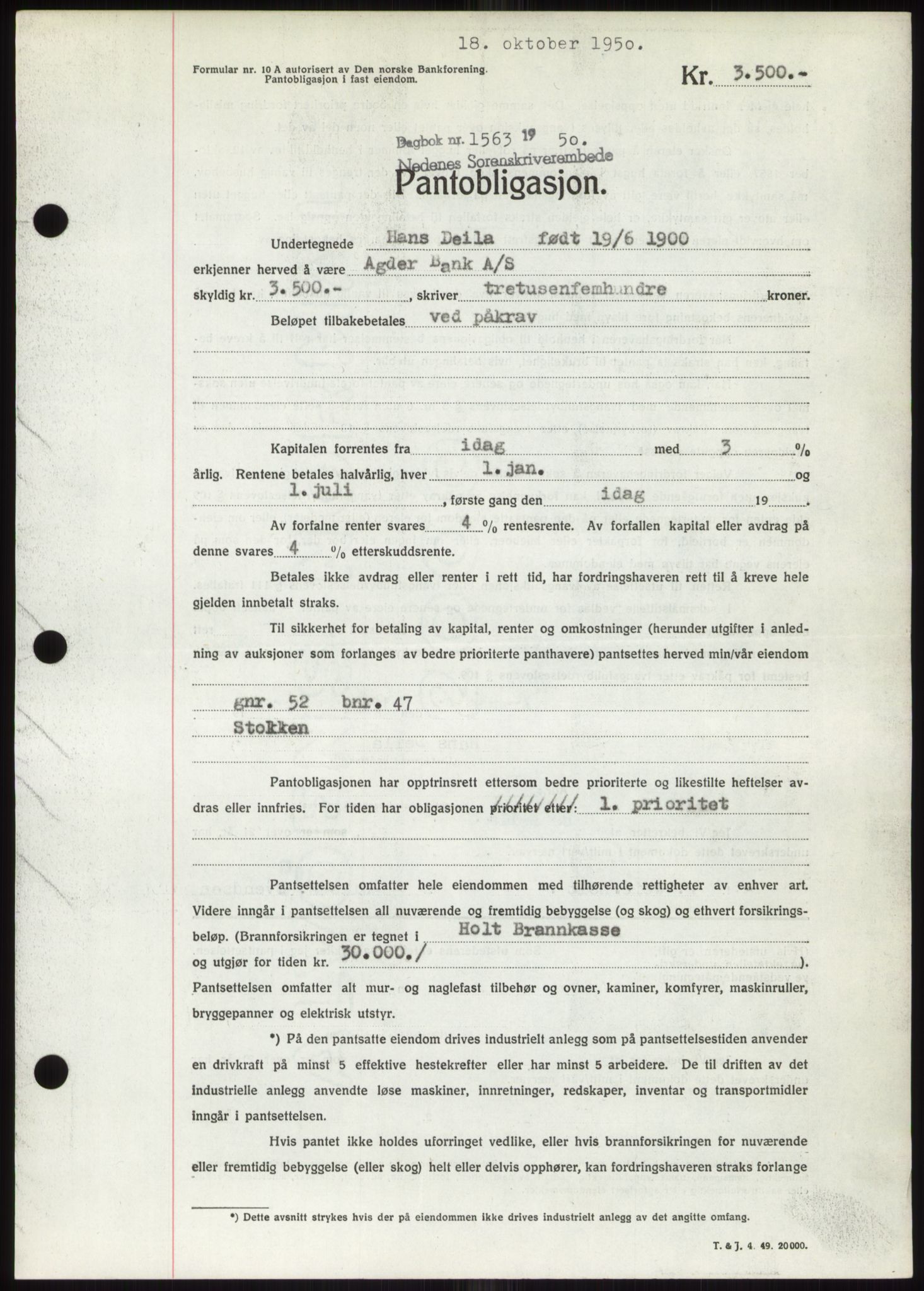 Nedenes sorenskriveri, SAK/1221-0006/G/Gb/Gbb/L0008: Pantebok nr. B8, 1950-1950, Dagboknr: 1563/1950