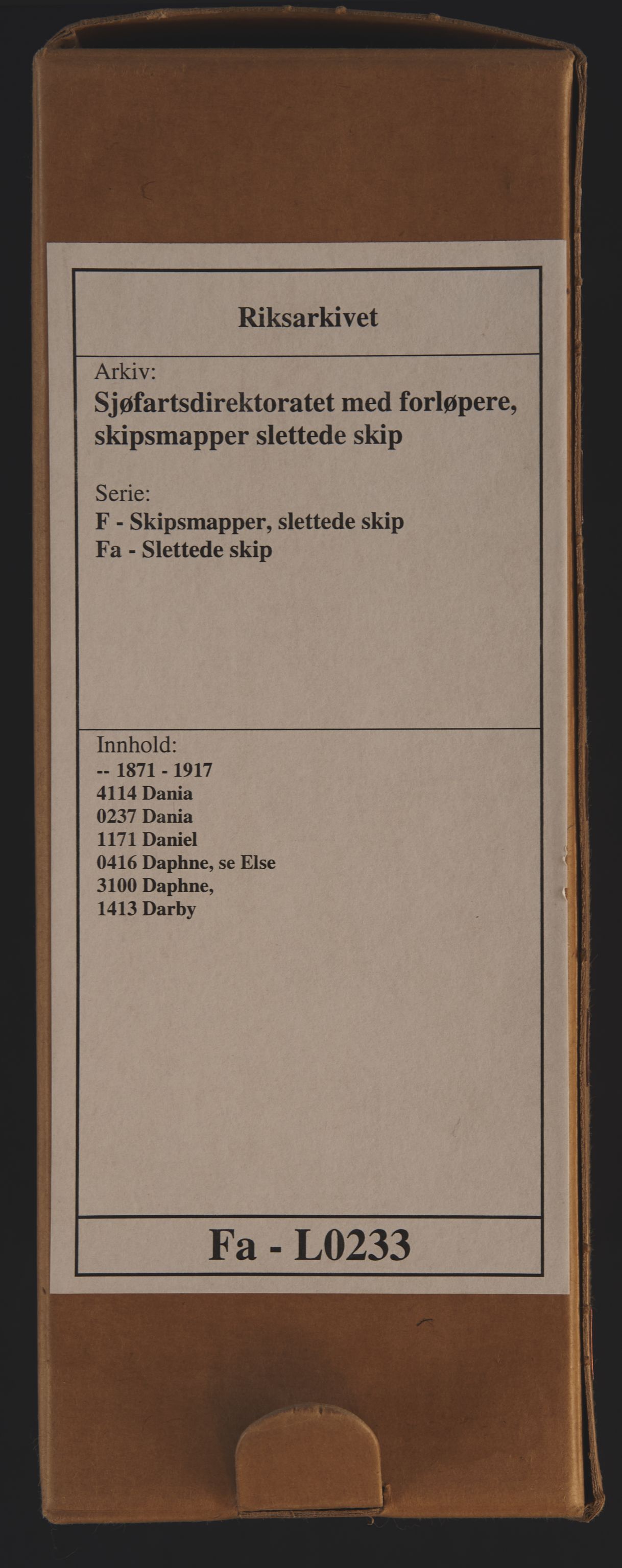 Sjøfartsdirektoratet med forløpere, skipsmapper slettede skip, RA/S-4998/F/Fa/L0233: --, 1871-1917, s. 1