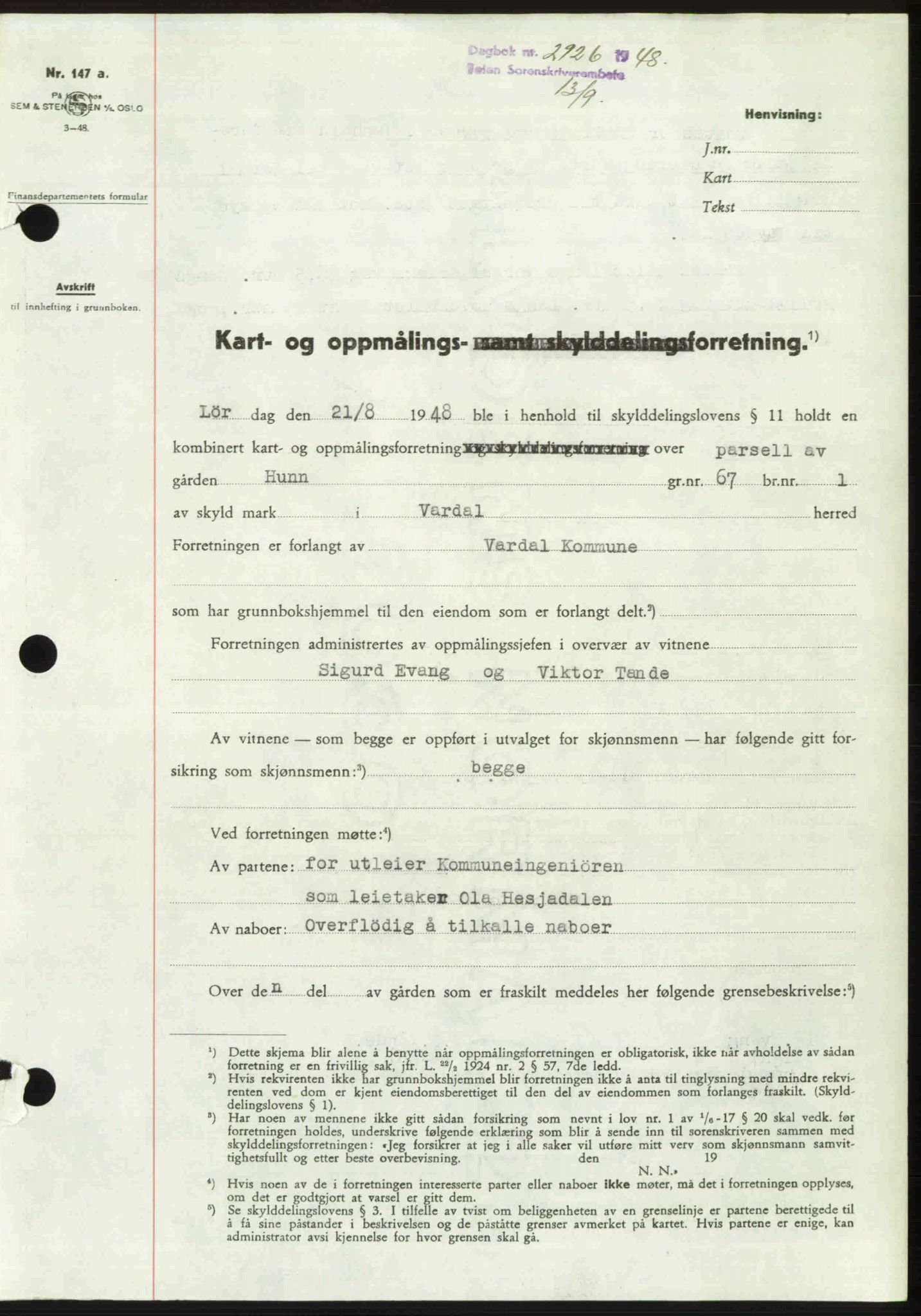 Toten tingrett, SAH/TING-006/H/Hb/Hbc/L0020: Pantebok nr. Hbc-20, 1948-1948, Dagboknr: 2926/1948