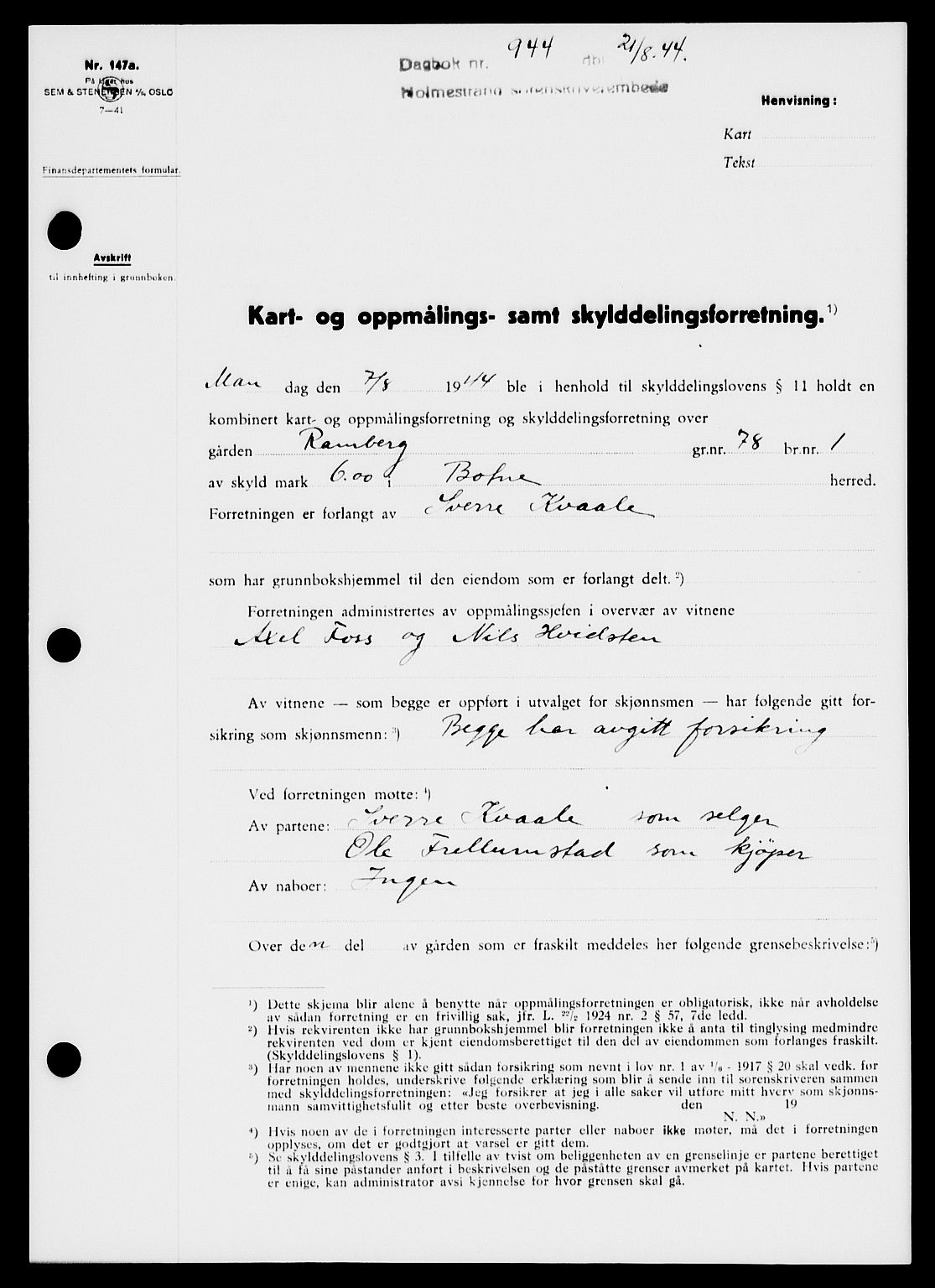 Holmestrand sorenskriveri, SAKO/A-67/G/Ga/Gaa/L0058: Pantebok nr. A-58, 1944-1944, Dagboknr: 944/1944