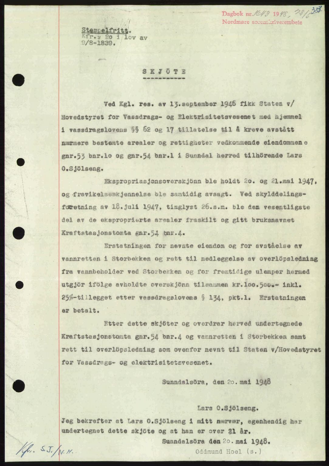Nordmøre sorenskriveri, SAT/A-4132/1/2/2Ca: Pantebok nr. A108, 1948-1948, Dagboknr: 1643/1948