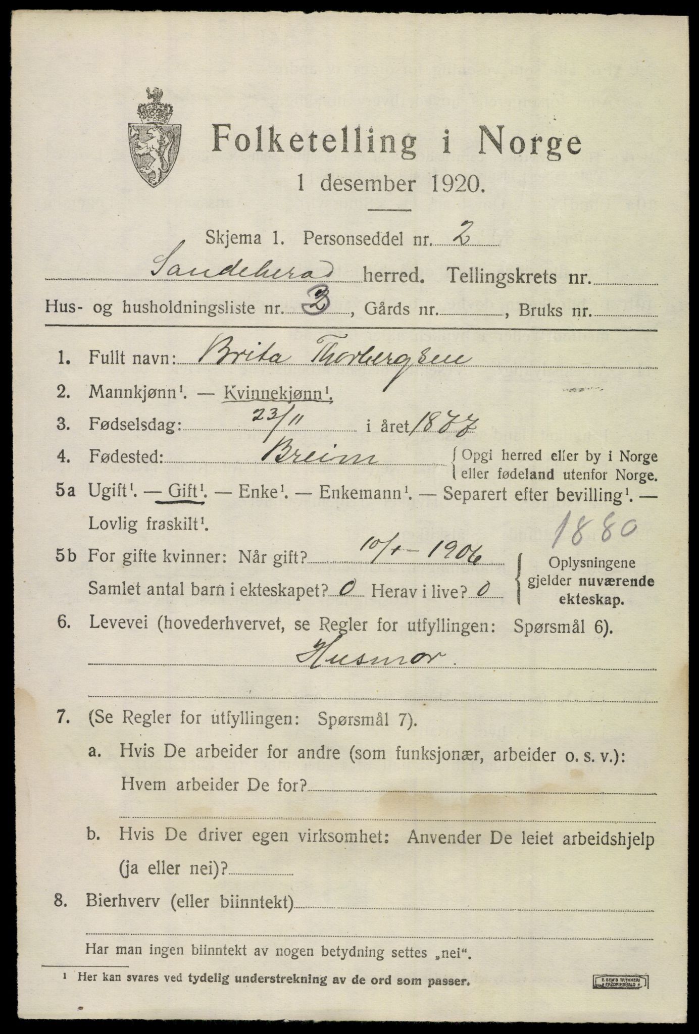 SAKO, Folketelling 1920 for 0724 Sandeherred herred, 1920, s. 9596