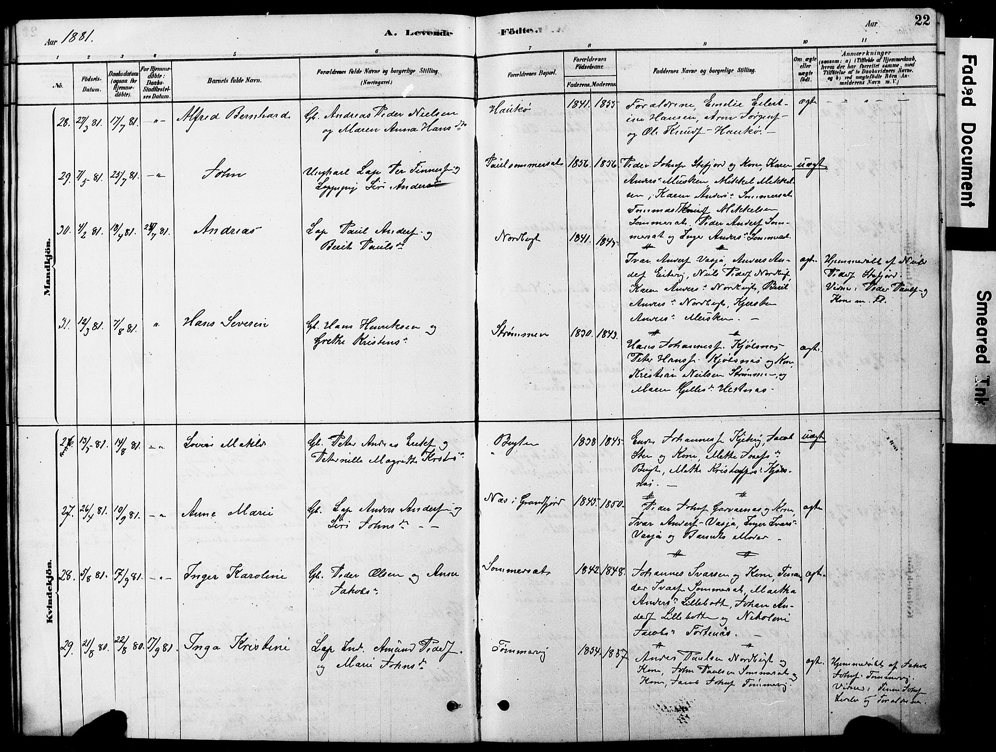 Ministerialprotokoller, klokkerbøker og fødselsregistre - Nordland, AV/SAT-A-1459/861/L0875: Klokkerbok nr. 861C01, 1879-1887, s. 22