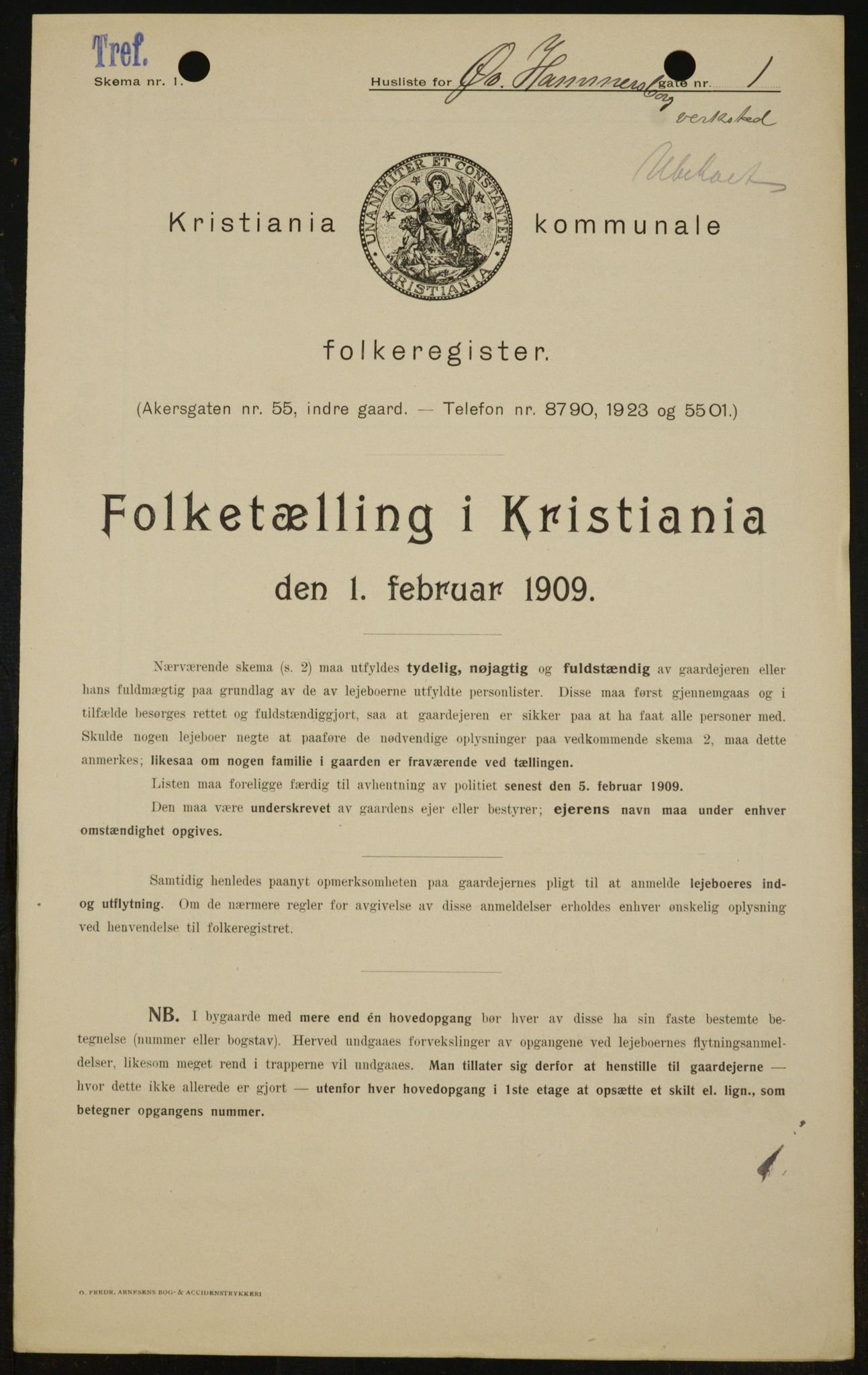 OBA, Kommunal folketelling 1.2.1909 for Kristiania kjøpstad, 1909, s. 117823