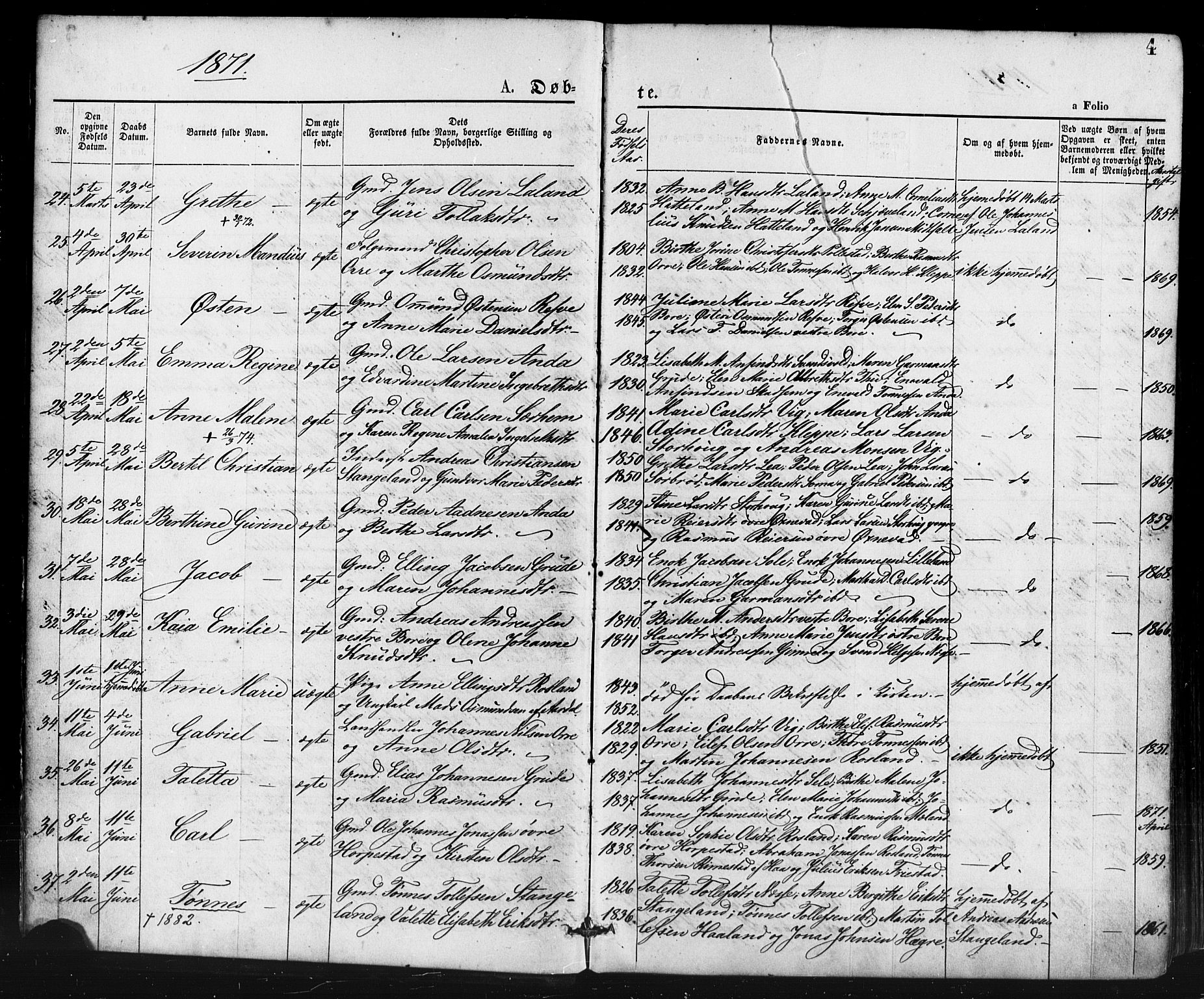 Klepp sokneprestkontor, AV/SAST-A-101803/001/3/30BA/L0006: Ministerialbok nr. A 6, 1871-1885, s. 4