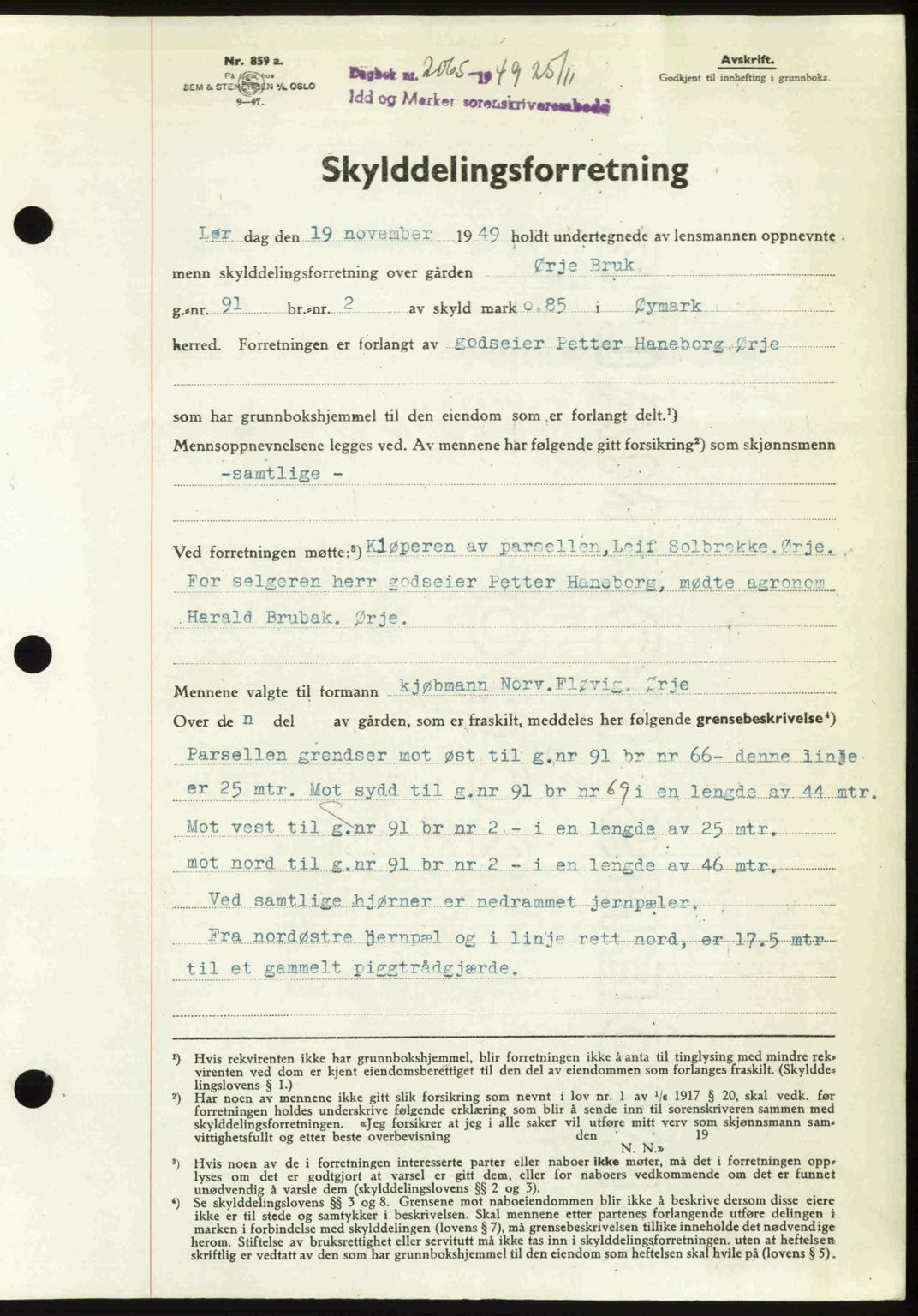Idd og Marker sorenskriveri, SAO/A-10283/G/Gb/Gbb/L0013: Pantebok nr. A13, 1949-1950, Dagboknr: 2065/1949