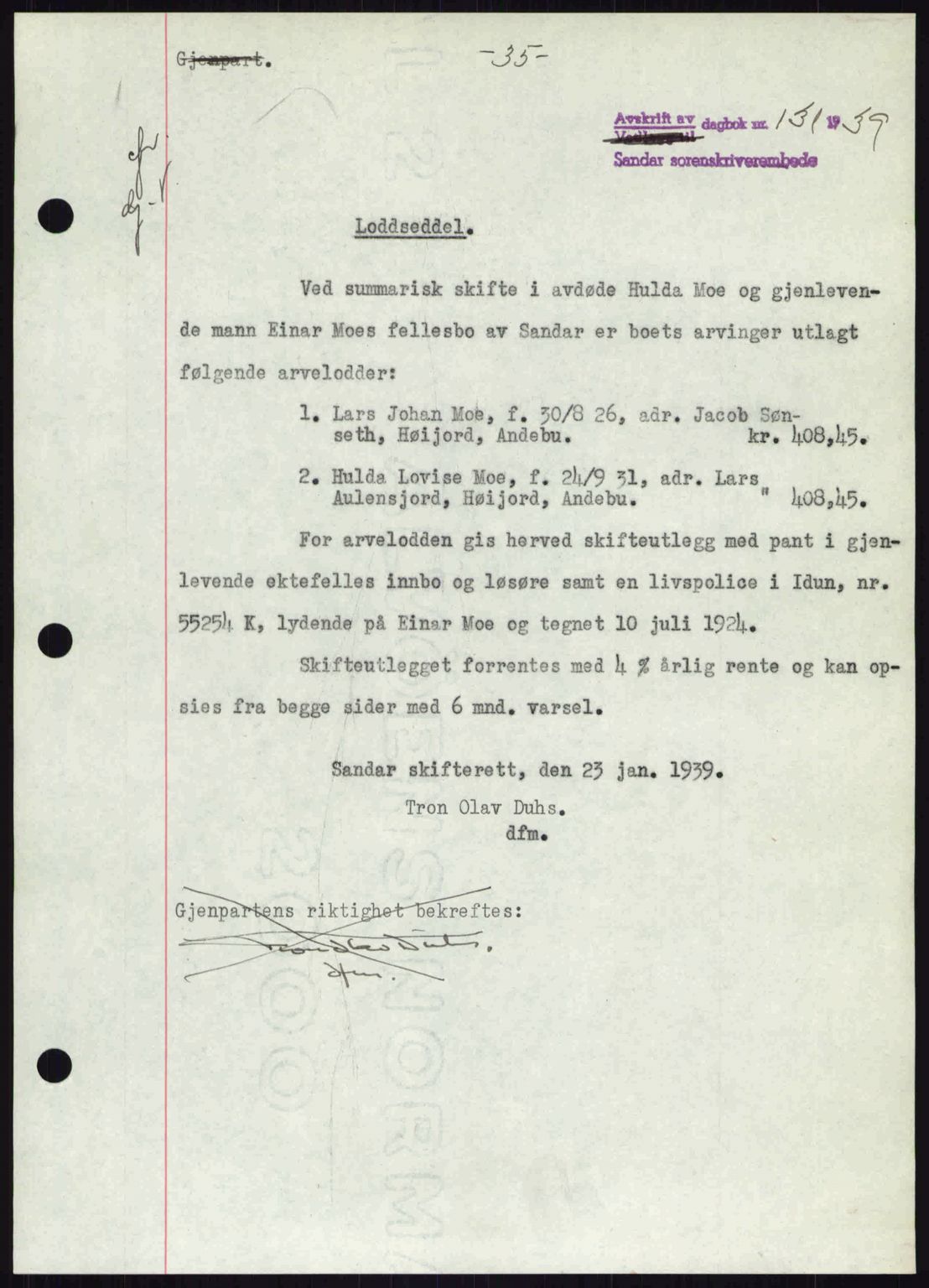 Sandar sorenskriveri, SAKO/A-86/G/Ga/Gab/L0001: Pantebok nr. B-1 og B-3 - B-9, 1936-1944, Dagboknr: 131/1939