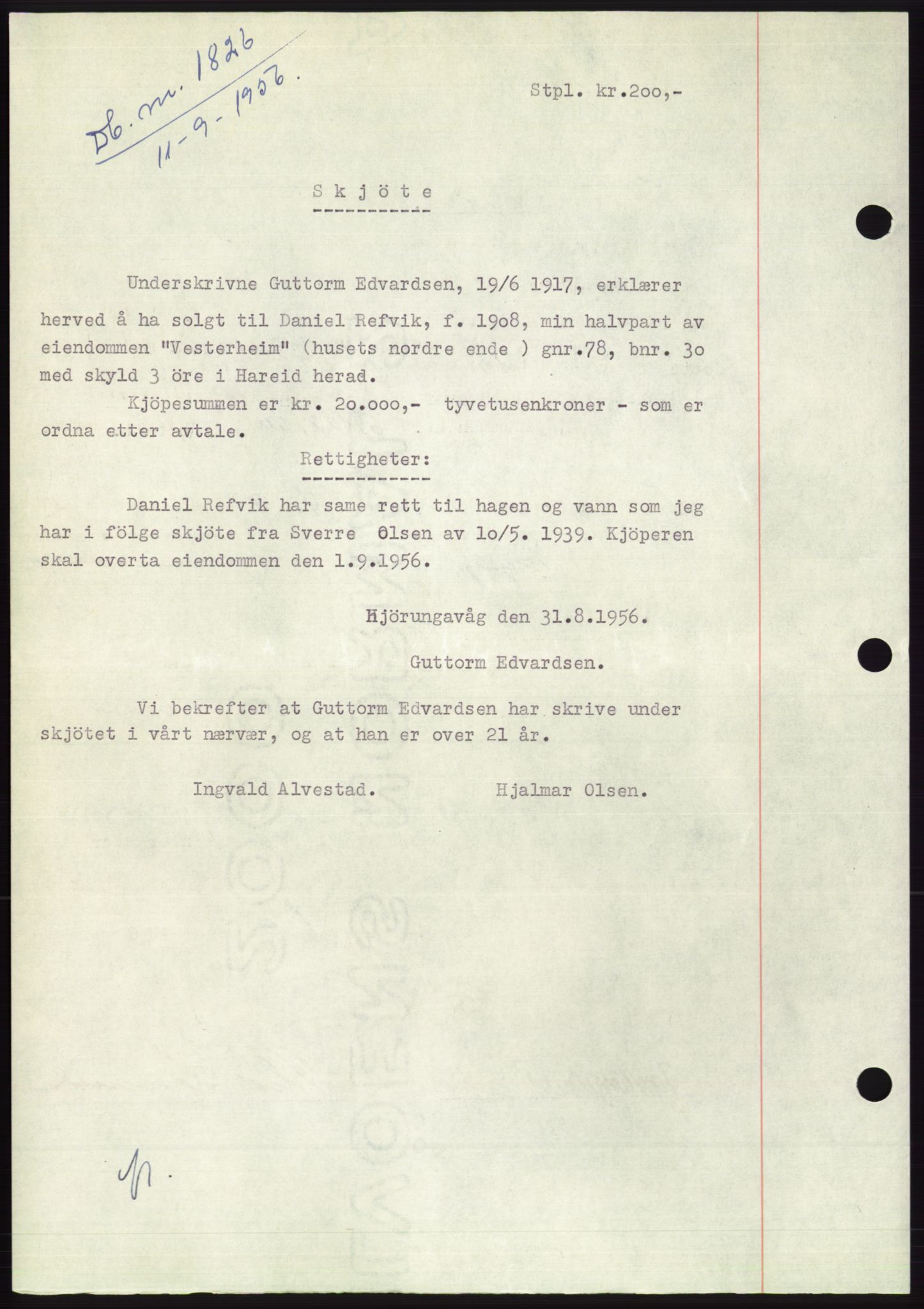 Søre Sunnmøre sorenskriveri, AV/SAT-A-4122/1/2/2C/L0104: Pantebok nr. 30A, 1956-1956, Dagboknr: 1826/1956