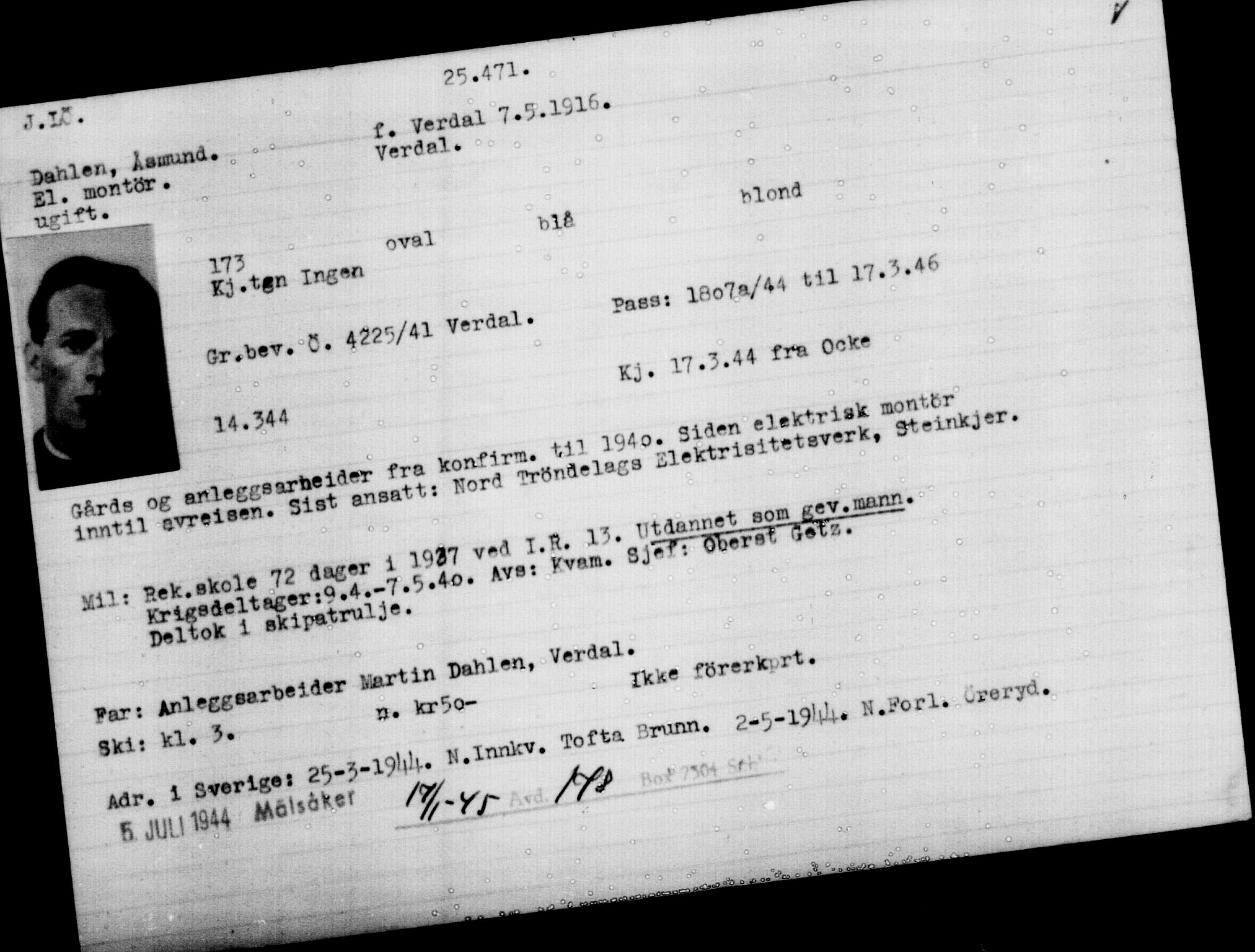 Utenriksstasjonene, Legasjonen i Stockholm, Flyktningkontoret, AV/RA-S-6753/V/Va/L0011: Kjesäterkartoteket, flyktning nr. 25300-28349, 1940-1945, s. 180