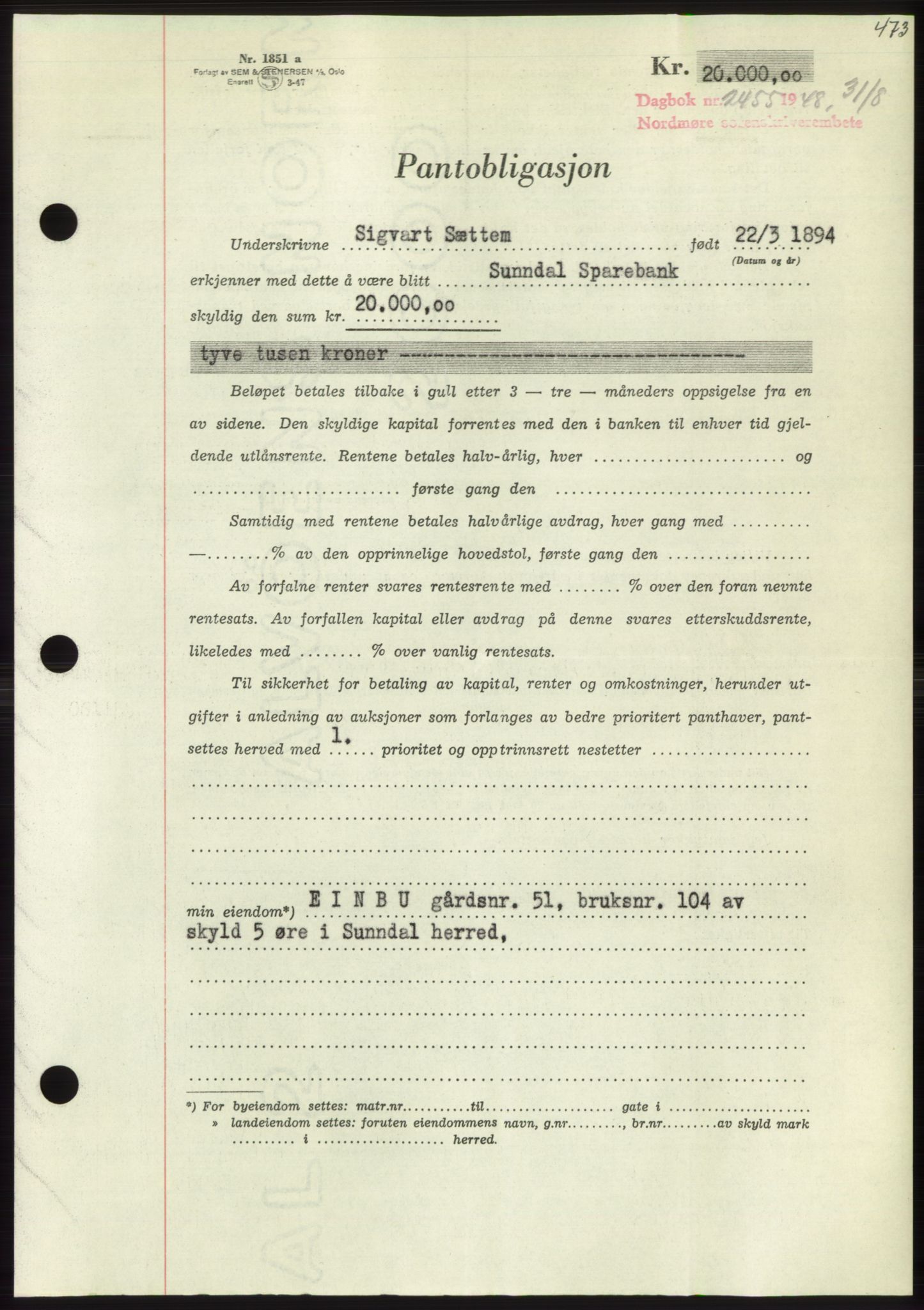 Nordmøre sorenskriveri, SAT/A-4132/1/2/2Ca: Pantebok nr. B99, 1948-1948, Dagboknr: 2455/1948