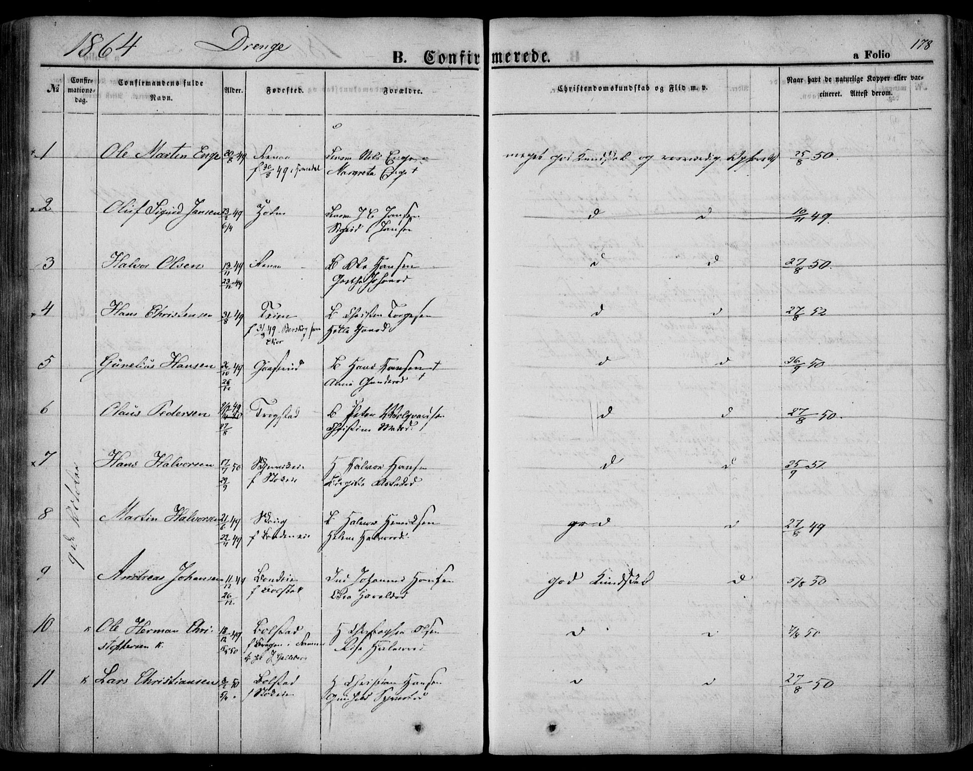 Sande Kirkebøker, AV/SAKO-A-53/F/Fa/L0004: Ministerialbok nr. 4, 1847-1864, s. 178