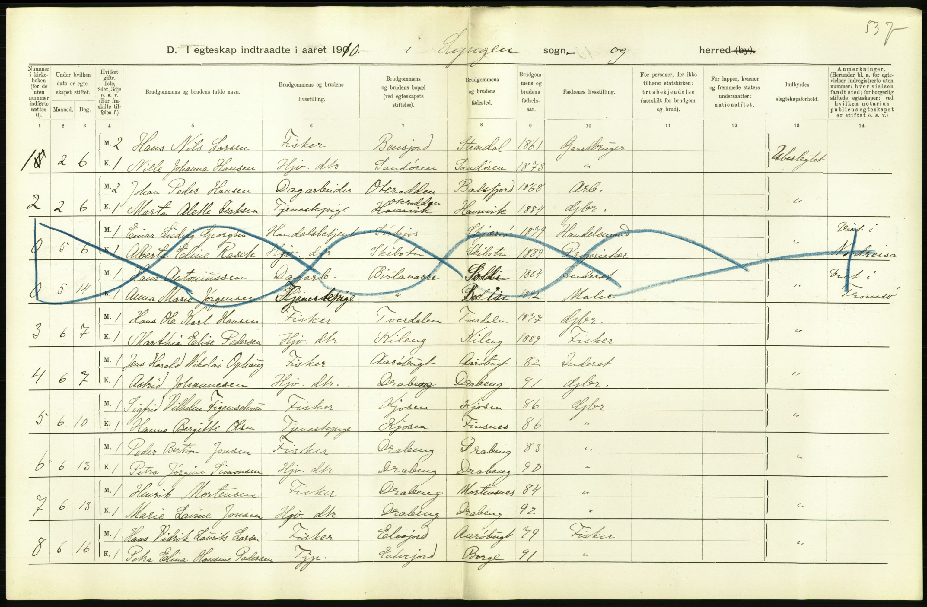 Statistisk sentralbyrå, Sosiodemografiske emner, Befolkning, AV/RA-S-2228/D/Df/Dfa/Dfah/L0044: Tromsø amt: Gifte, døde, dødfødte. Bygder og byer., 1910, s. 24