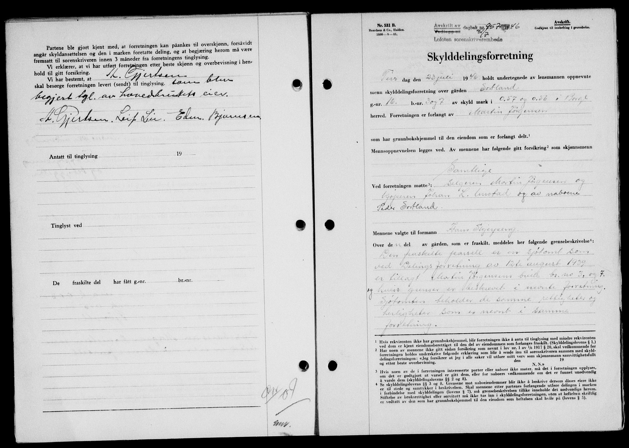 Lofoten sorenskriveri, SAT/A-0017/1/2/2C/L0014a: Pantebok nr. 14a, 1946-1946, Dagboknr: 957/1946