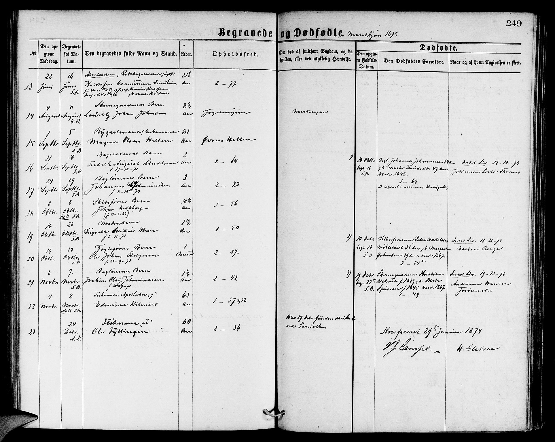 Sandviken Sokneprestembete, AV/SAB-A-77601/H/Hb: Klokkerbok nr. A 1, 1867-1879, s. 249