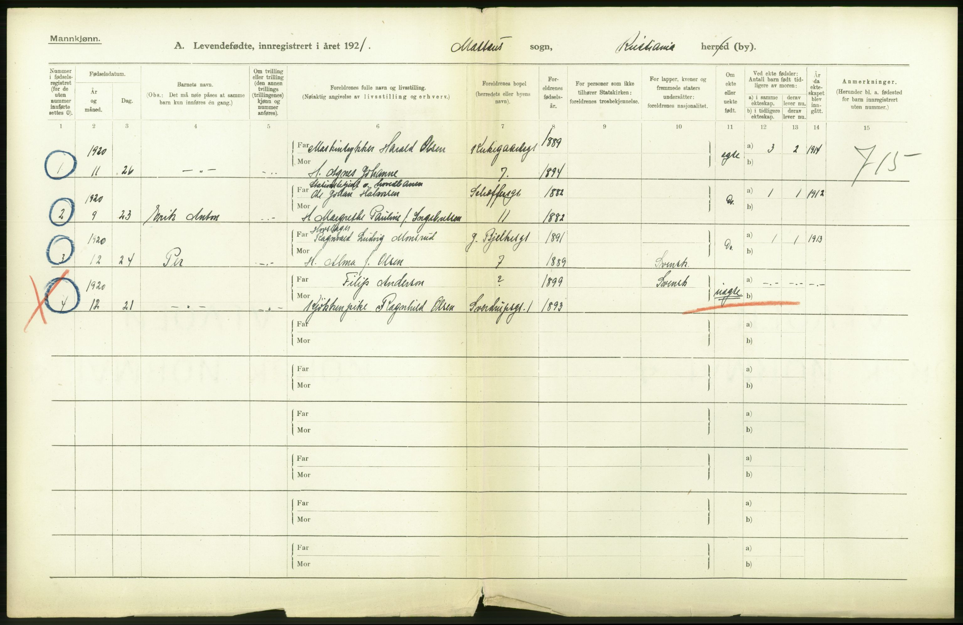 Statistisk sentralbyrå, Sosiodemografiske emner, Befolkning, RA/S-2228/D/Df/Dfc/Dfca/L0008: Kristiania: Levendefødte menn og kvinner., 1921, s. 124