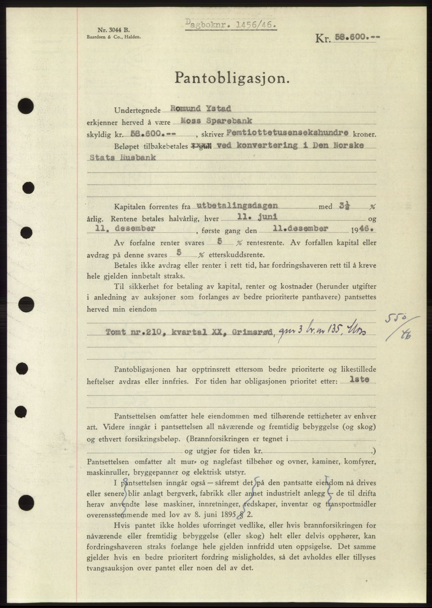 Moss sorenskriveri, SAO/A-10168: Pantebok nr. B15, 1946-1946, Dagboknr: 1456/1946