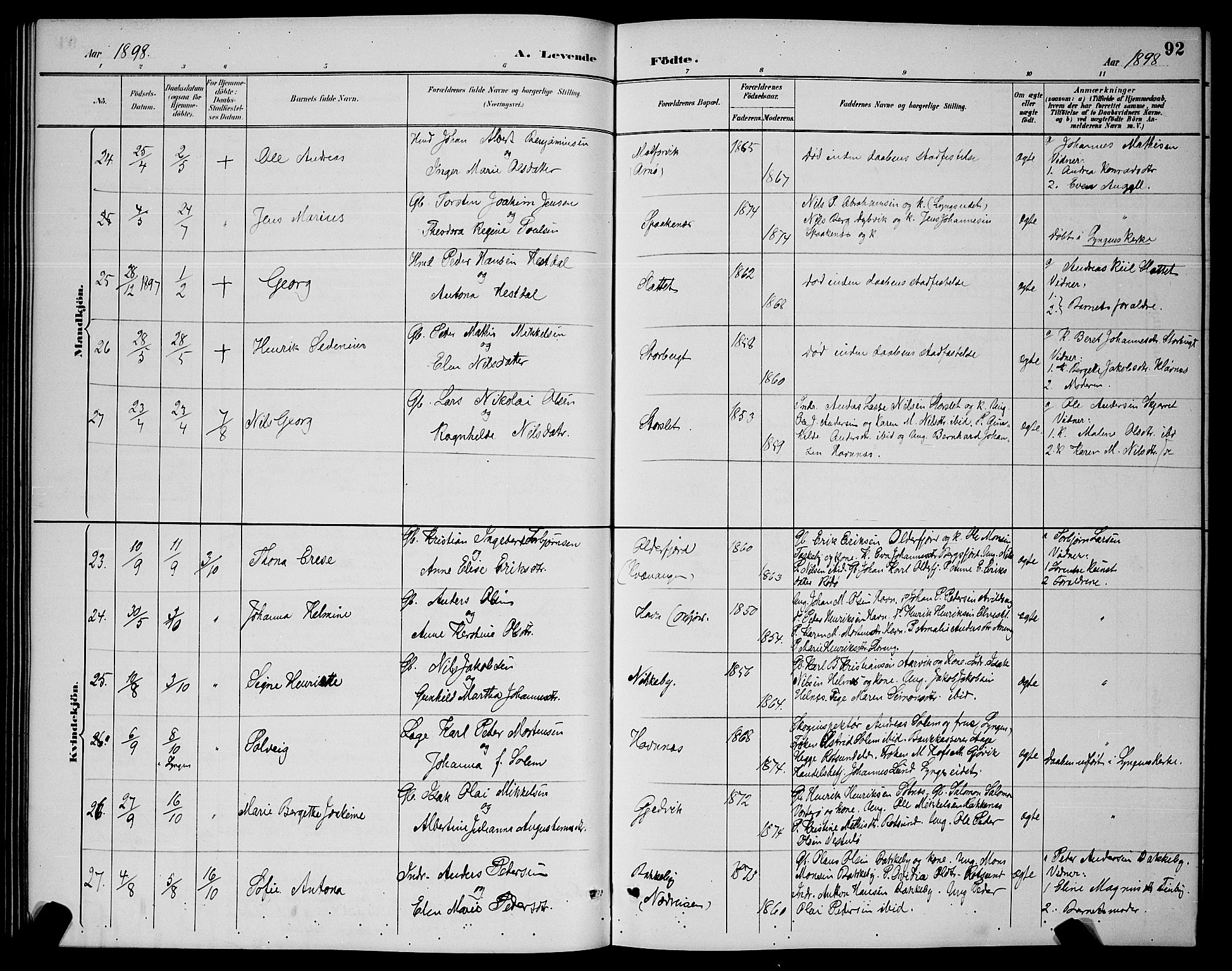 Skjervøy sokneprestkontor, AV/SATØ-S-1300/H/Ha/Hab/L0007klokker: Klokkerbok nr. 7, 1889-1899, s. 92