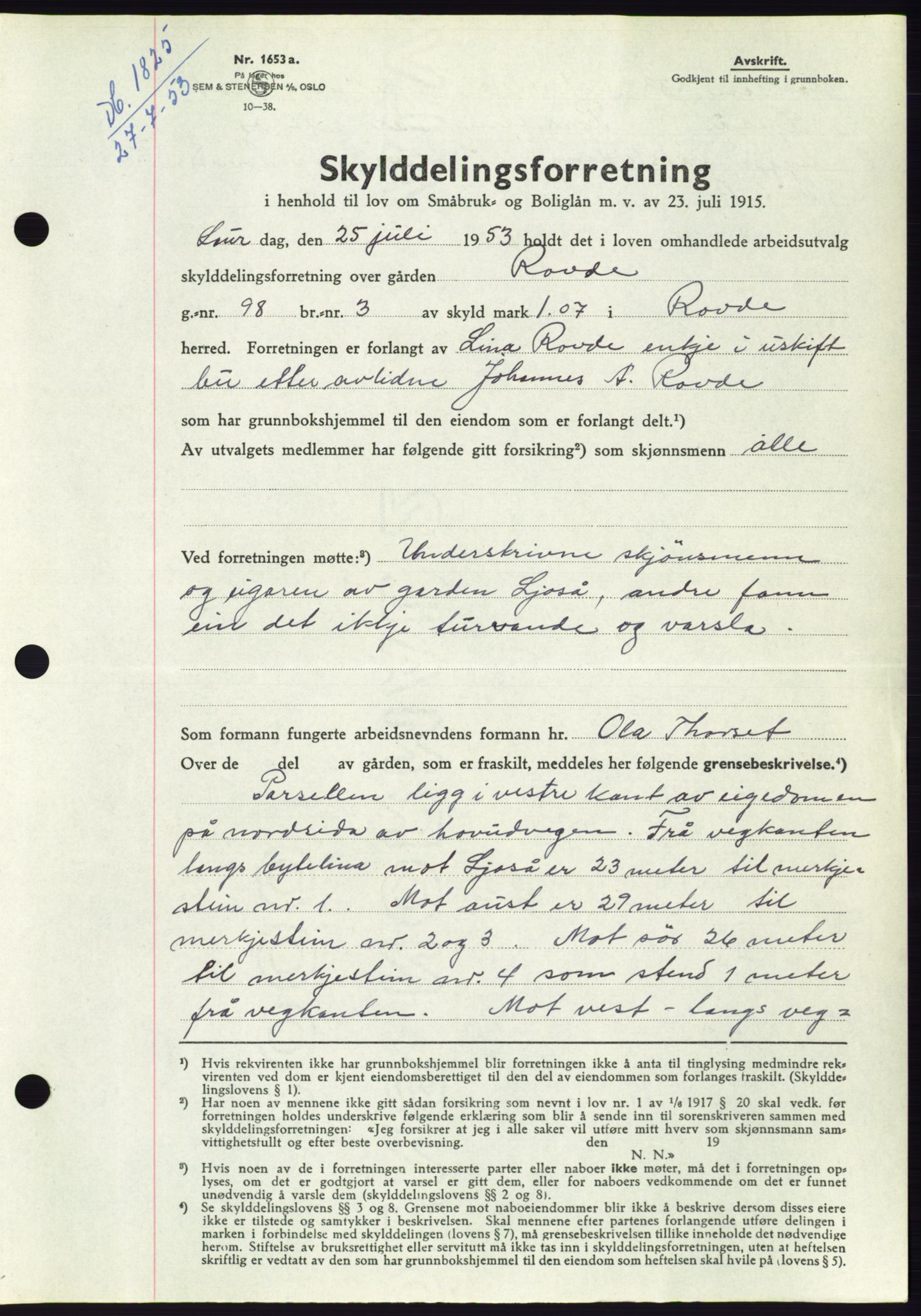 Søre Sunnmøre sorenskriveri, AV/SAT-A-4122/1/2/2C/L0095: Pantebok nr. 21A, 1953-1953, Dagboknr: 1825/1953