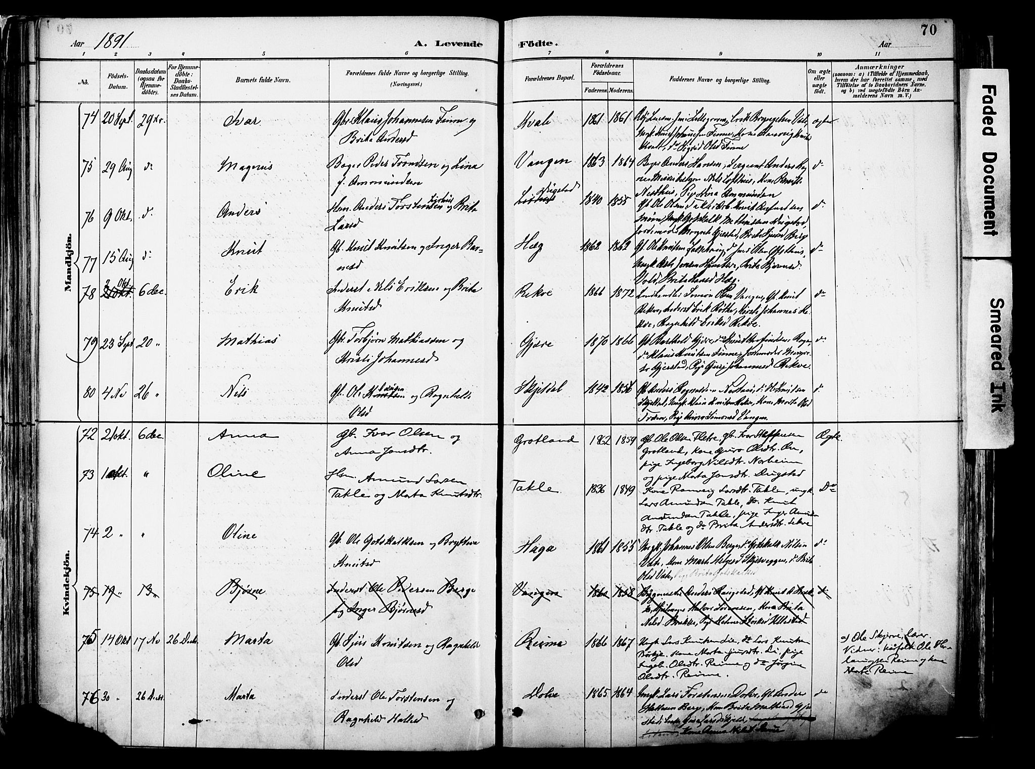 Voss sokneprestembete, AV/SAB-A-79001/H/Haa: Ministerialbok nr. A 21, 1887-1903, s. 70