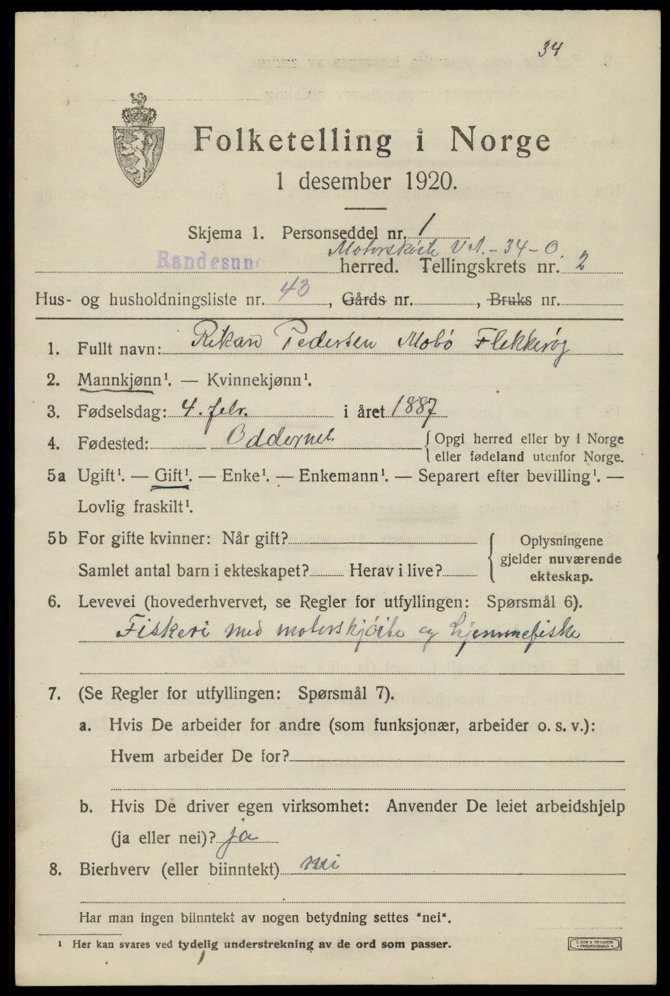 SAK, Folketelling 1920 for 1011 Randesund herred, 1920, s. 1444