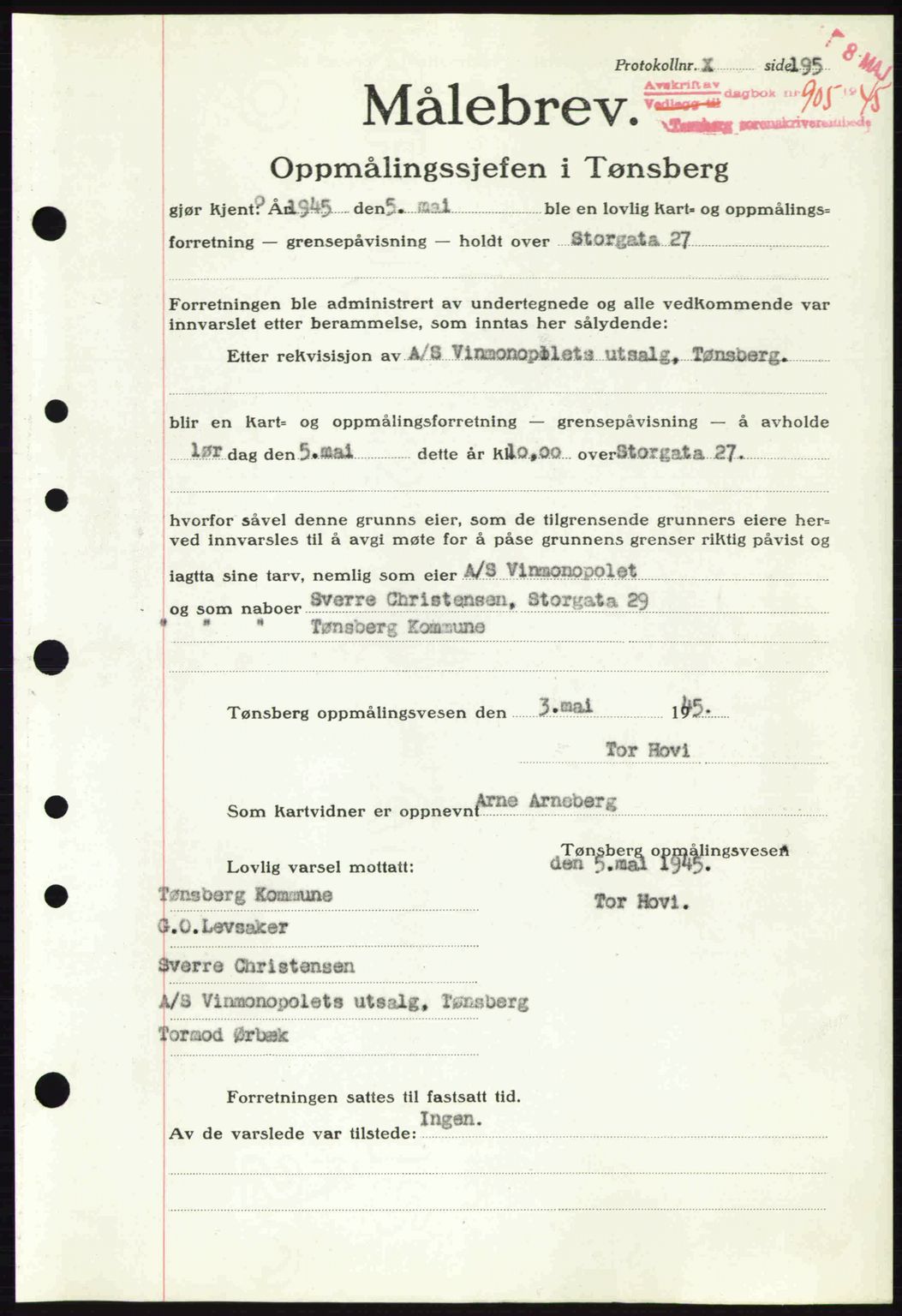 Tønsberg sorenskriveri, AV/SAKO-A-130/G/Ga/Gaa/L0017a: Pantebok nr. A17a, 1945-1945, Dagboknr: 905/1945