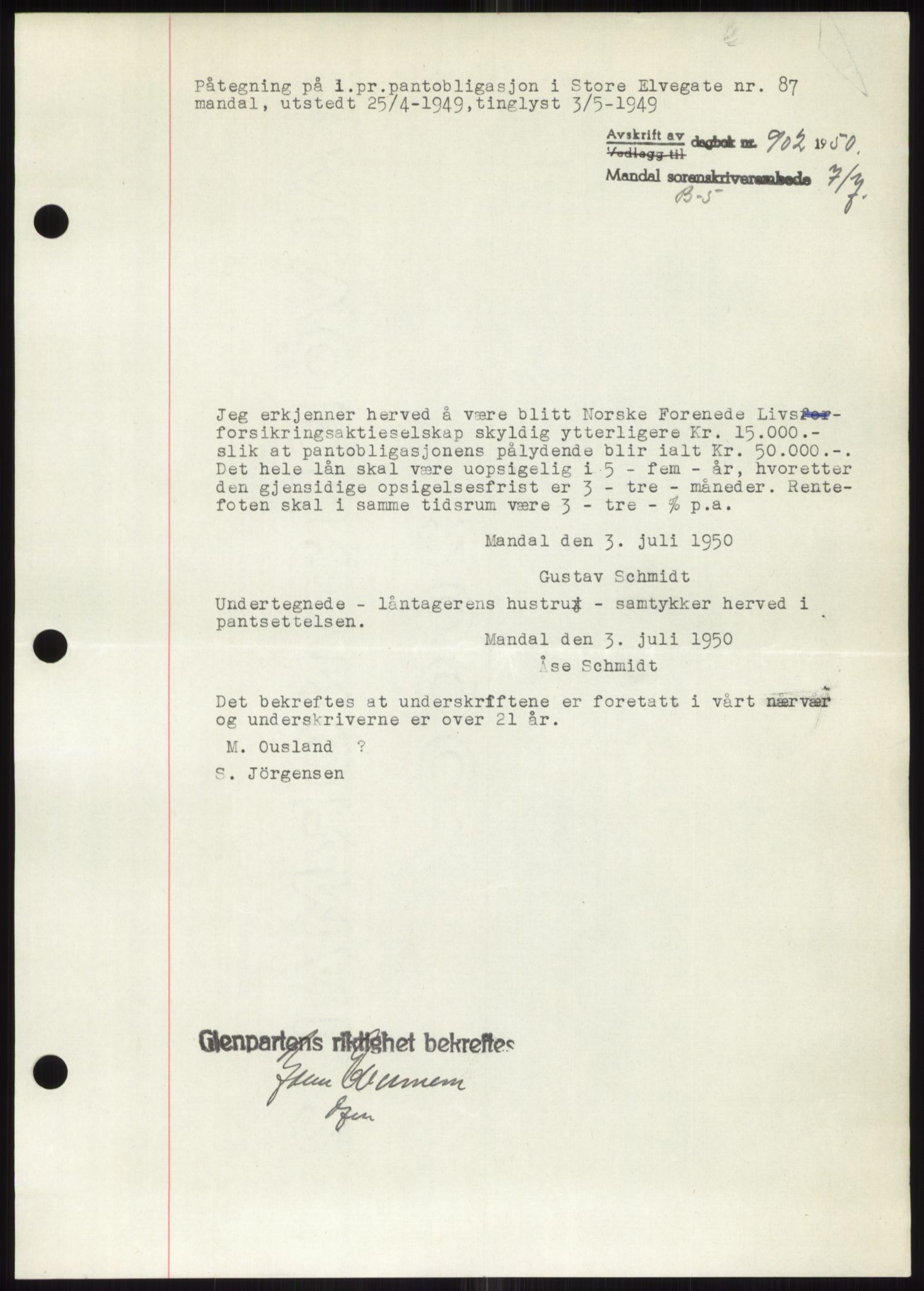 Mandal sorenskriveri, SAK/1221-0005/001/G/Gb/Gbb/L0002: Pantebok nr. B-2 - B-3, 1946-1950, Dagboknr: 902/1950