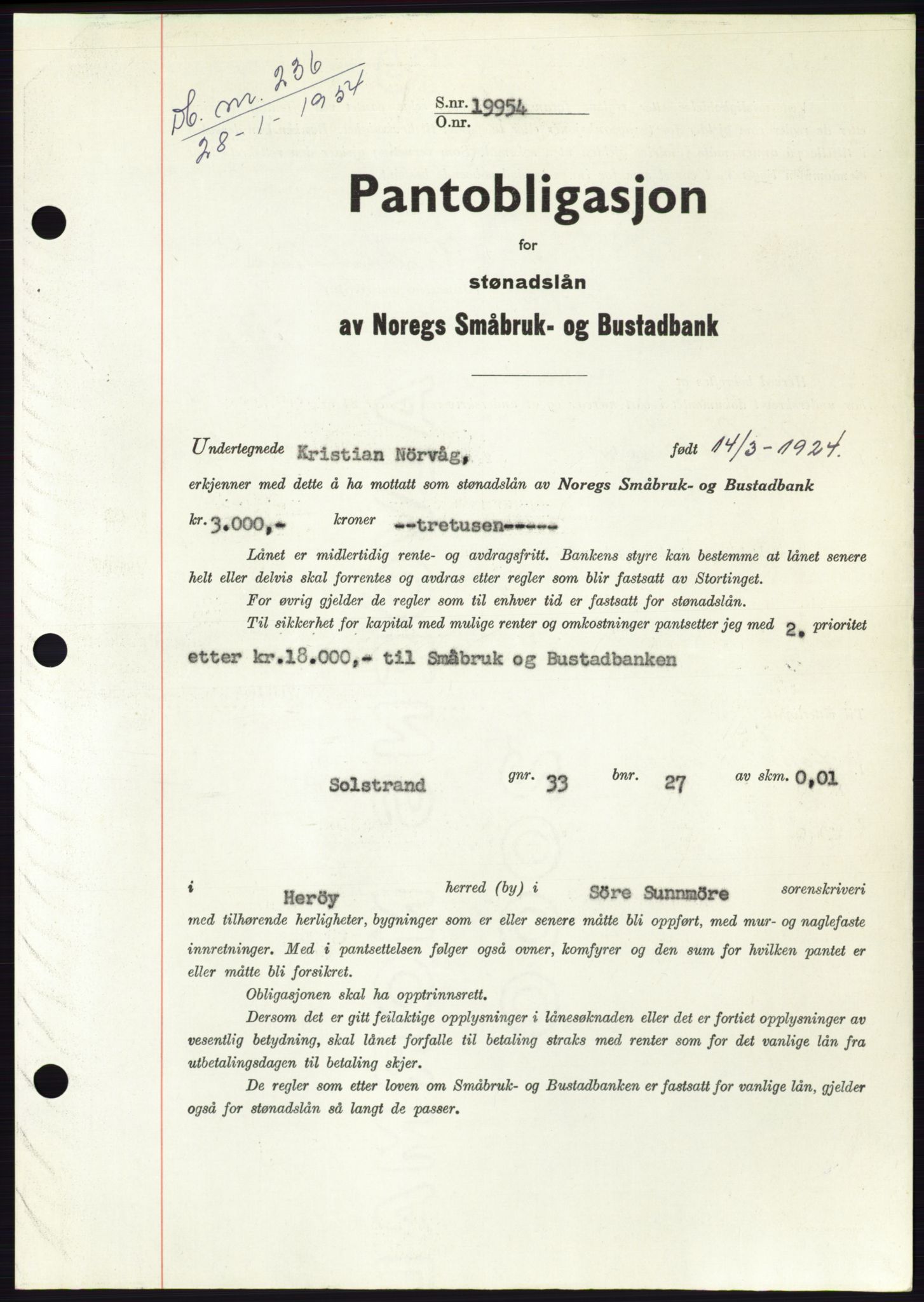 Søre Sunnmøre sorenskriveri, AV/SAT-A-4122/1/2/2C/L0124: Pantebok nr. 12B, 1953-1954, Dagboknr: 236/1954