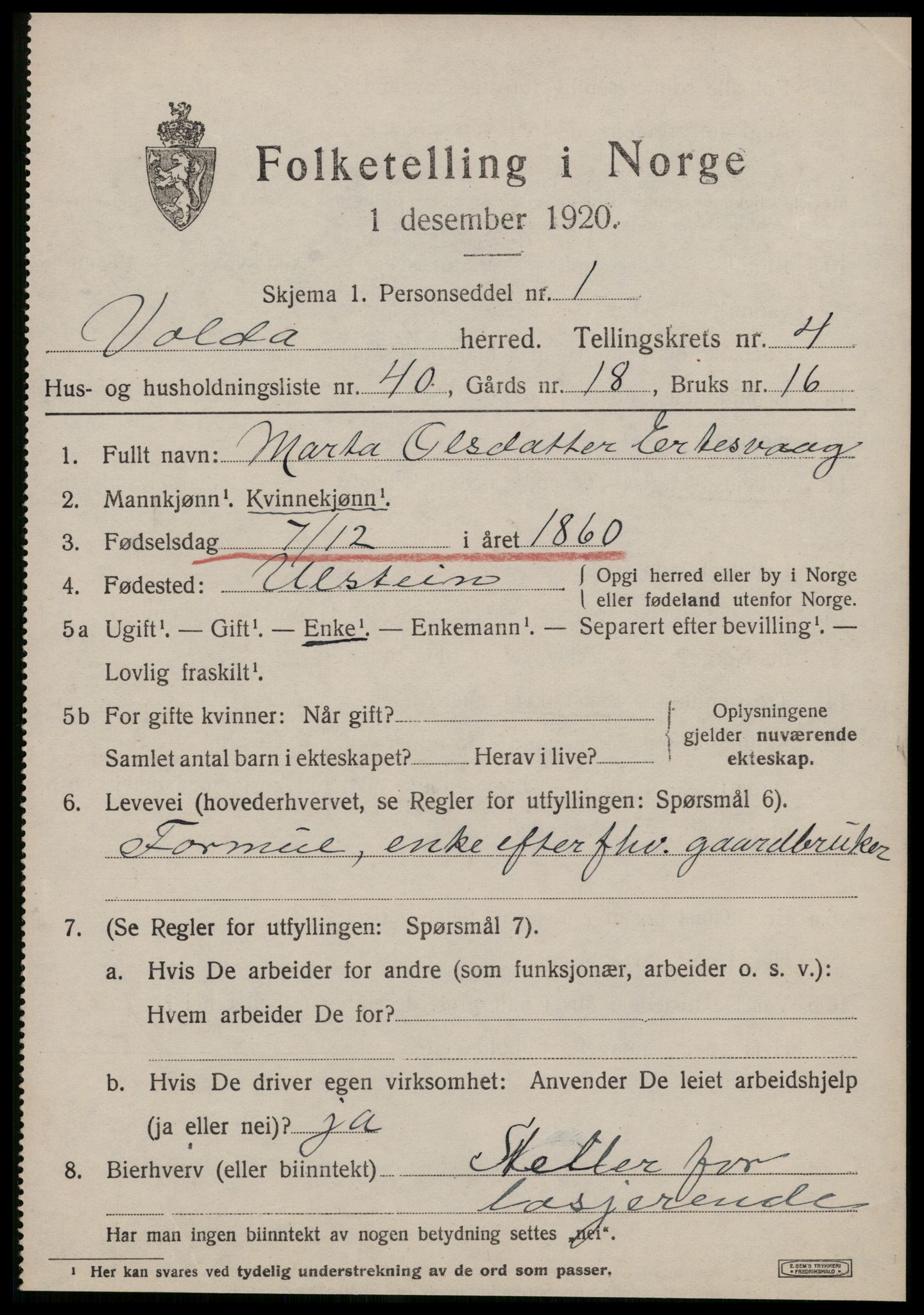 SAT, Folketelling 1920 for 1519 Volda herred, 1920, s. 3650
