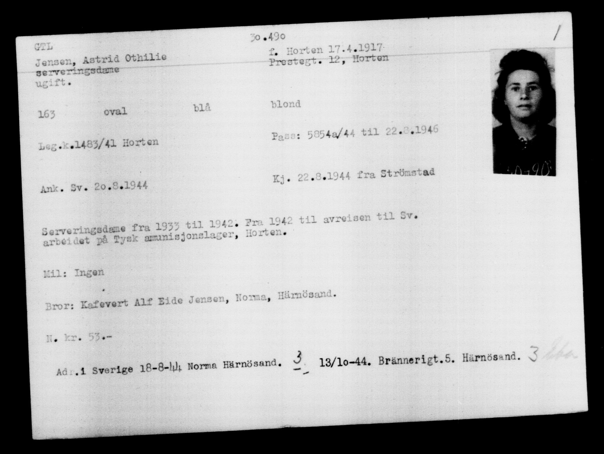 Utenriksstasjonene, Legasjonen i Stockholm, Flyktningkontoret, AV/RA-S-6753/V/Va/L0012: Kjesäterkartoteket, flyktninger med registreringsnr. 28300-31566, 1940-1945, s. 2393