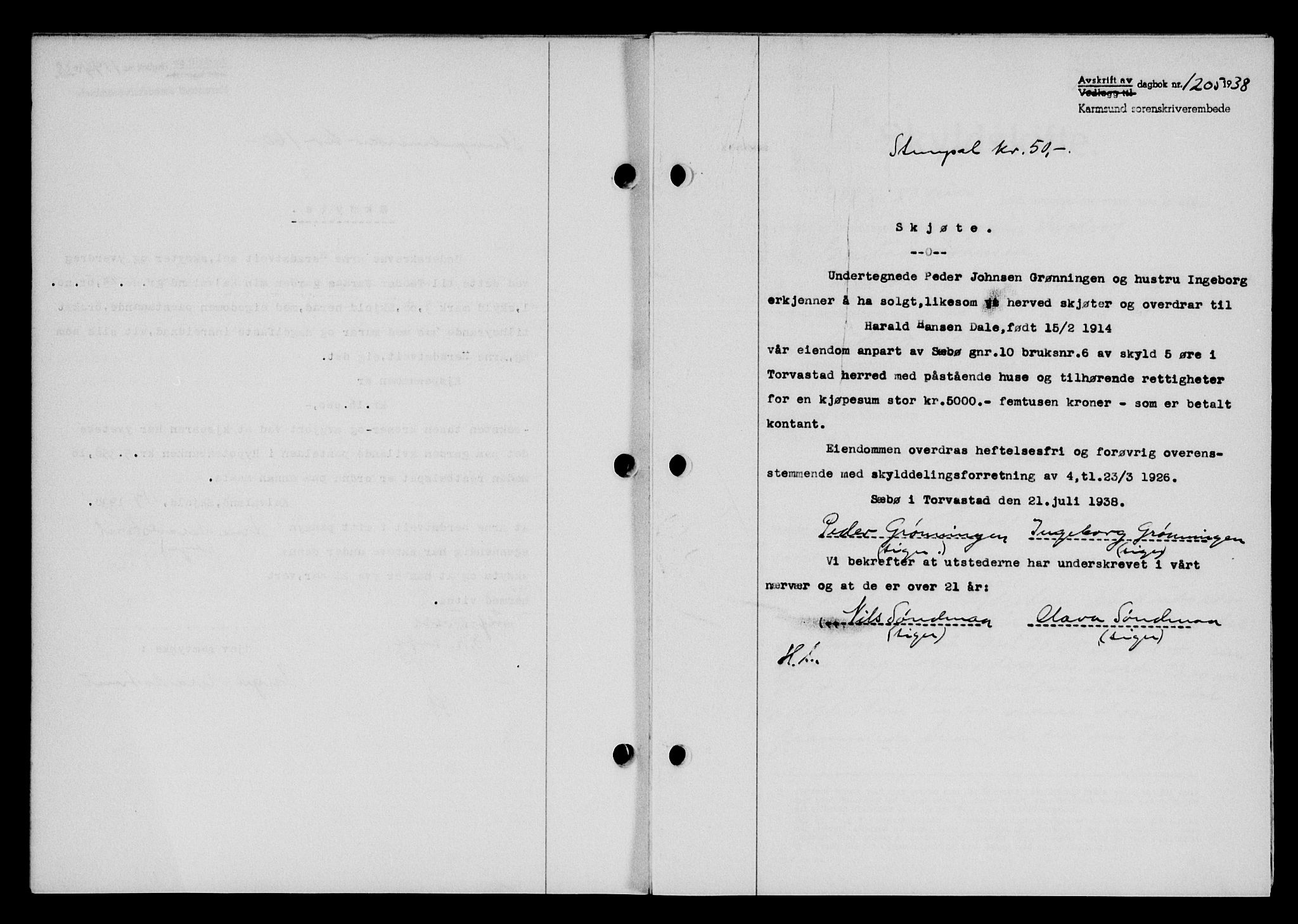 Karmsund sorenskriveri, SAST/A-100311/01/II/IIB/L0069: Pantebok nr. 50A, 1937-1938, Dagboknr: 1205/1938