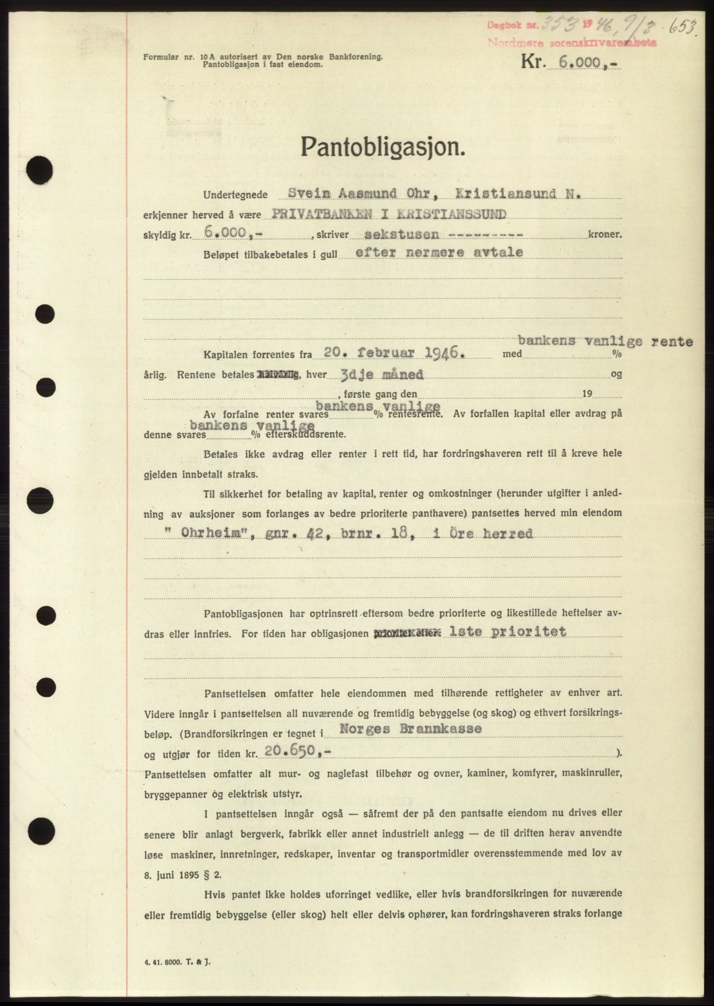 Nordmøre sorenskriveri, AV/SAT-A-4132/1/2/2Ca: Pantebok nr. B93b, 1946-1946, Dagboknr: 353/1946