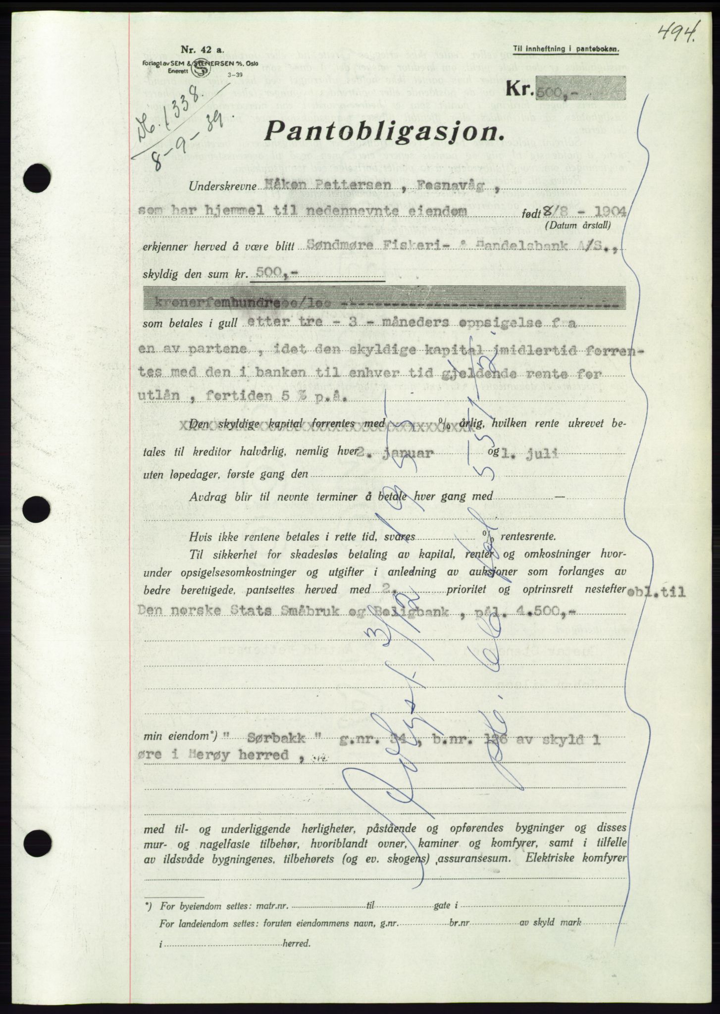 Søre Sunnmøre sorenskriveri, AV/SAT-A-4122/1/2/2C/L0068: Pantebok nr. 62, 1939-1939, Dagboknr: 1338/1939