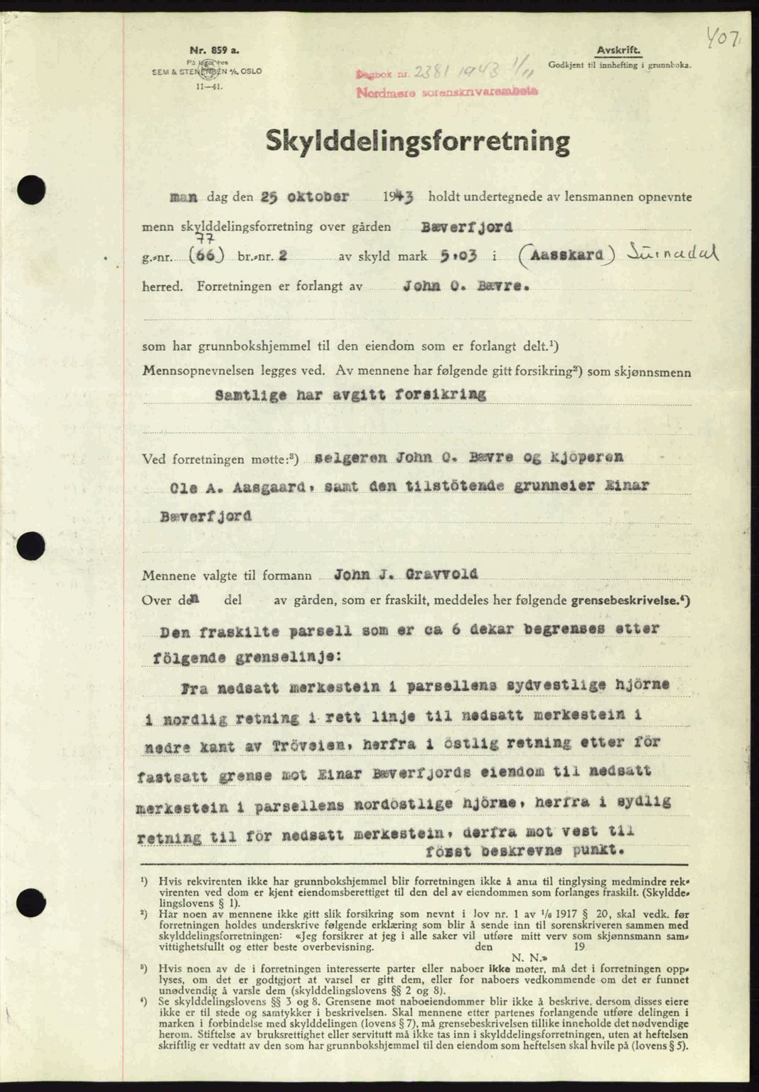 Nordmøre sorenskriveri, AV/SAT-A-4132/1/2/2Ca: Pantebok nr. A96, 1943-1944, Dagboknr: 2381/1943