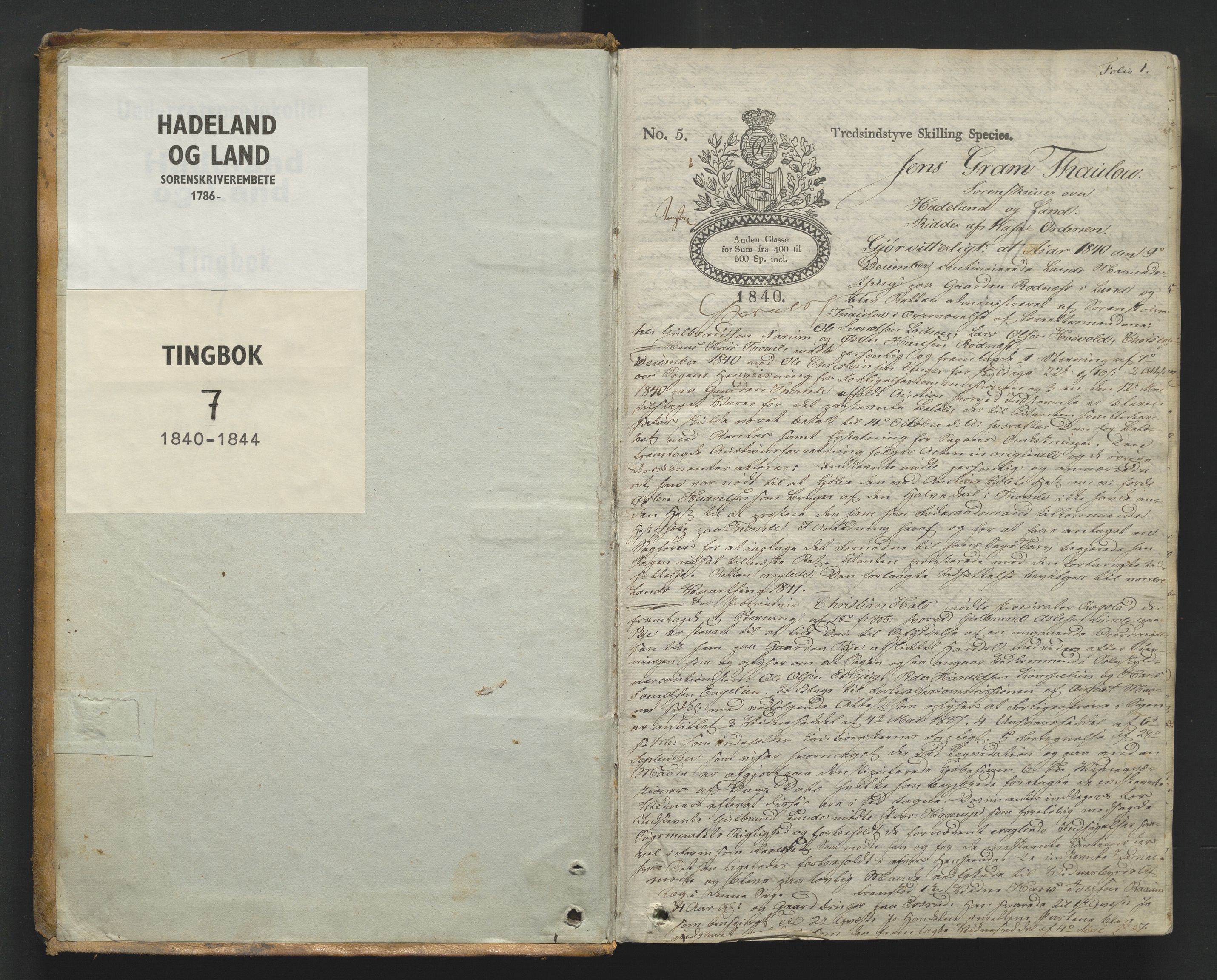 Hadeland og Land tingrett, SAH/TING-010/G/Gb/L0007: Tingbok, 1840-1844, s. 1a