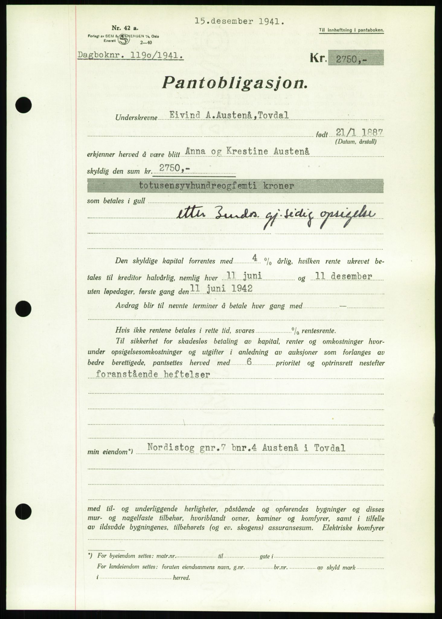 Nedenes sorenskriveri, SAK/1221-0006/G/Gb/Gbb/L0001: Pantebok nr. I, 1939-1942, Dagboknr: 1190/1941