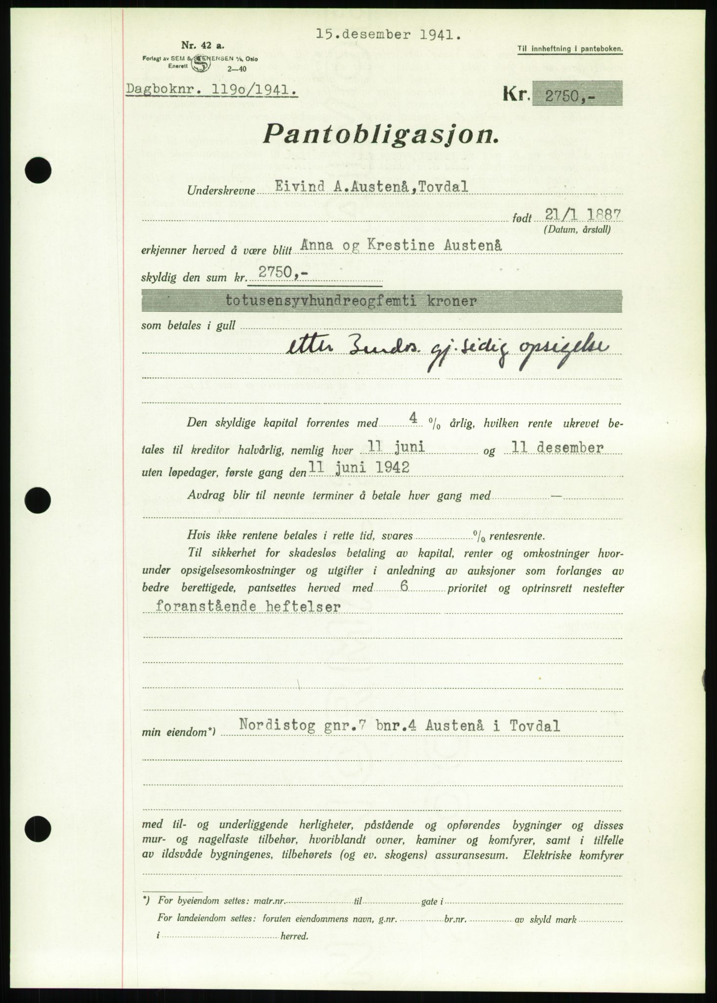 Nedenes sorenskriveri, AV/SAK-1221-0006/G/Gb/Gbb/L0001: Pantebok nr. I, 1939-1942, Dagboknr: 1190/1941