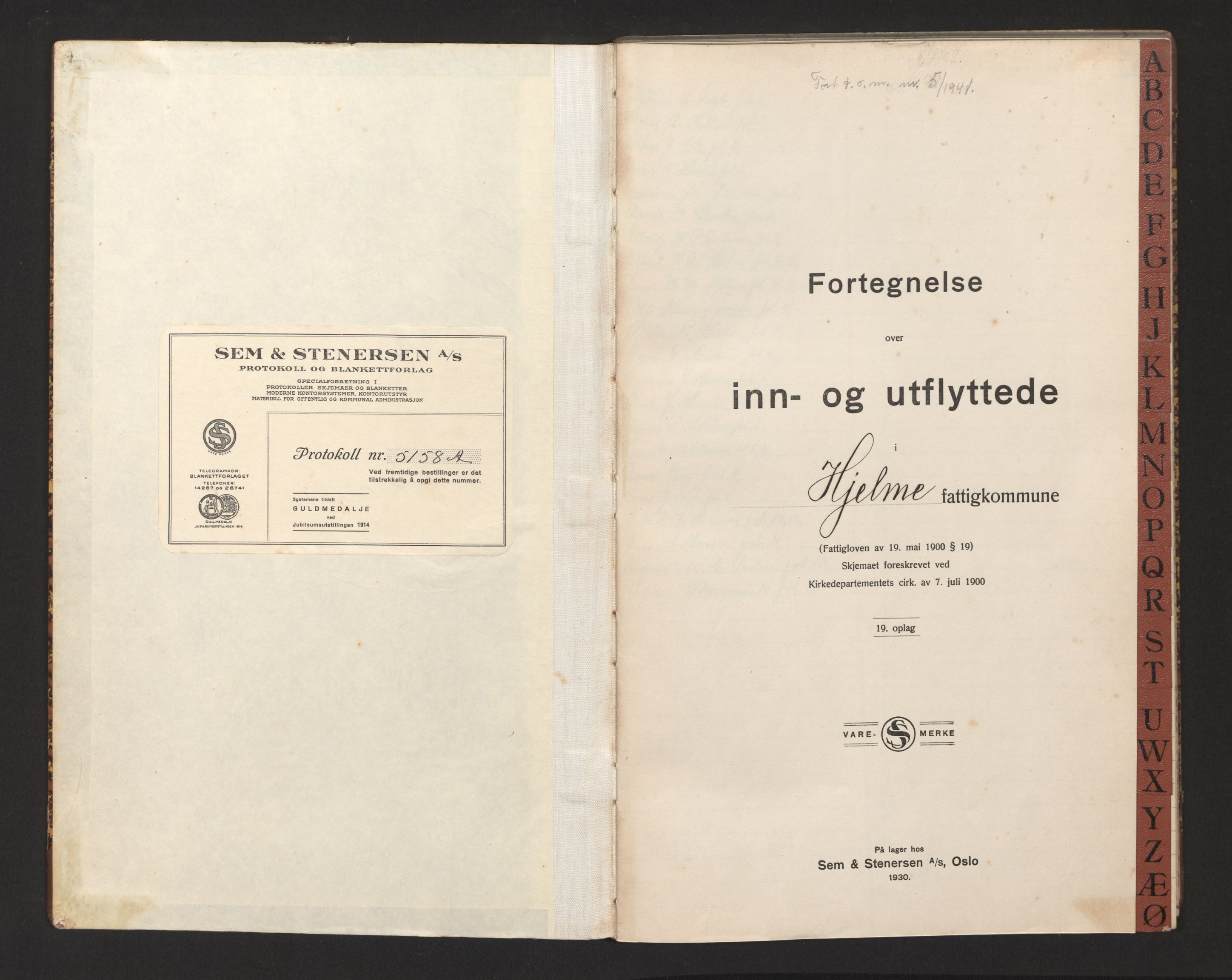 Lensmannen i Manger, SAB/A-33701/0020/L0010: Protokoll over inn- og utflytte, Hjelme, 1934-1943
