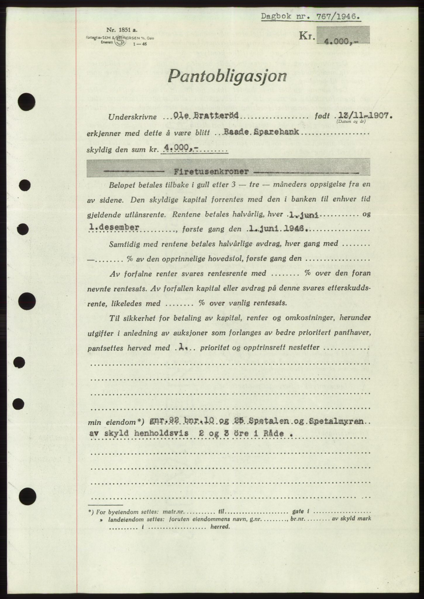 Moss sorenskriveri, SAO/A-10168: Pantebok nr. B15, 1946-1946, Dagboknr: 767/1946