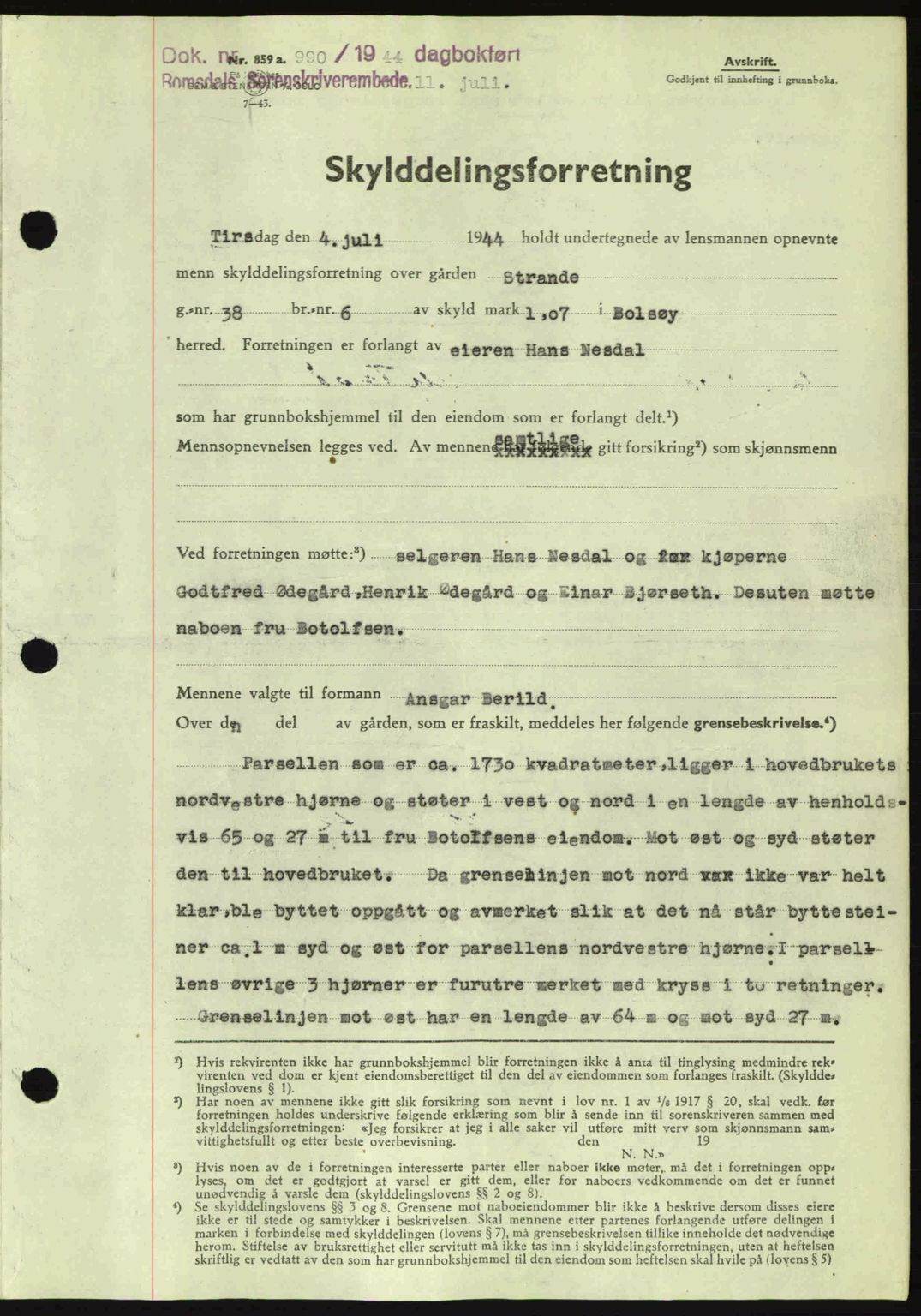 Romsdal sorenskriveri, AV/SAT-A-4149/1/2/2C: Pantebok nr. A16, 1944-1944, Dagboknr: 990/1944