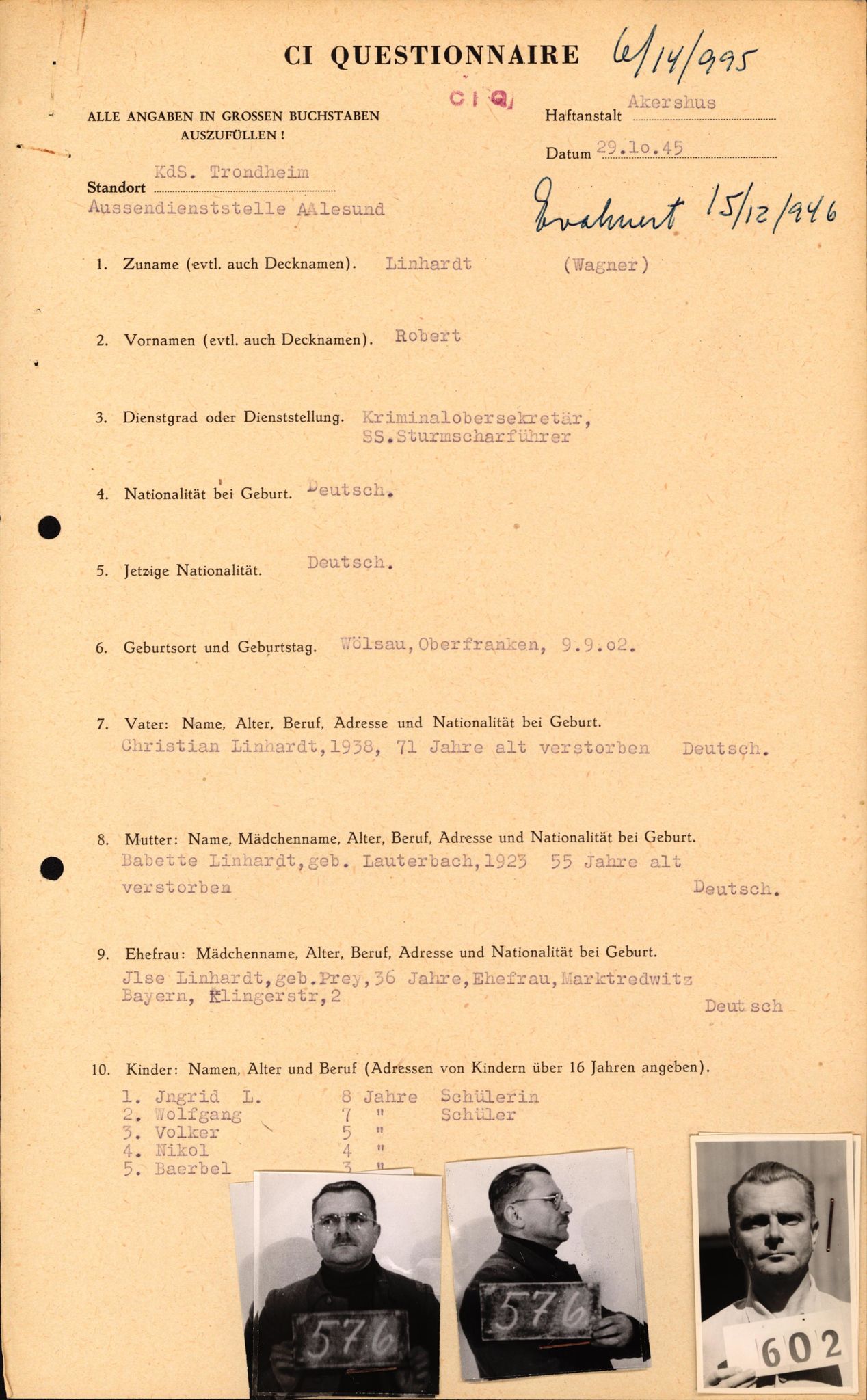 Forsvaret, Forsvarets overkommando II, AV/RA-RAFA-3915/D/Db/L0020: CI Questionaires. Tyske okkupasjonsstyrker i Norge. Tyskere., 1945-1946, s. 199