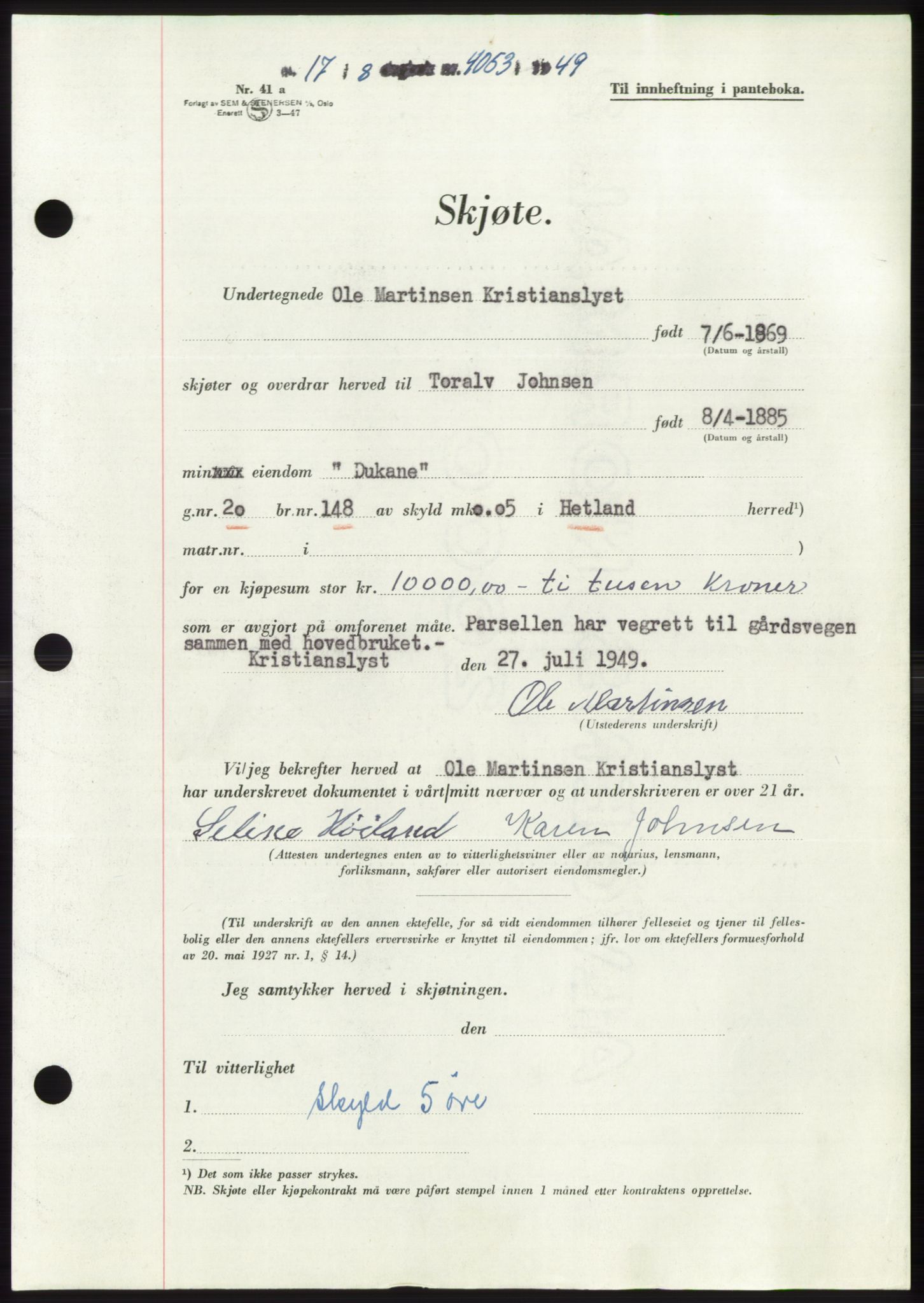 Jæren sorenskriveri, SAST/A-100310/03/G/Gba/L0103: Pantebok, 1949-1949, Dagboknr: 4053/1949