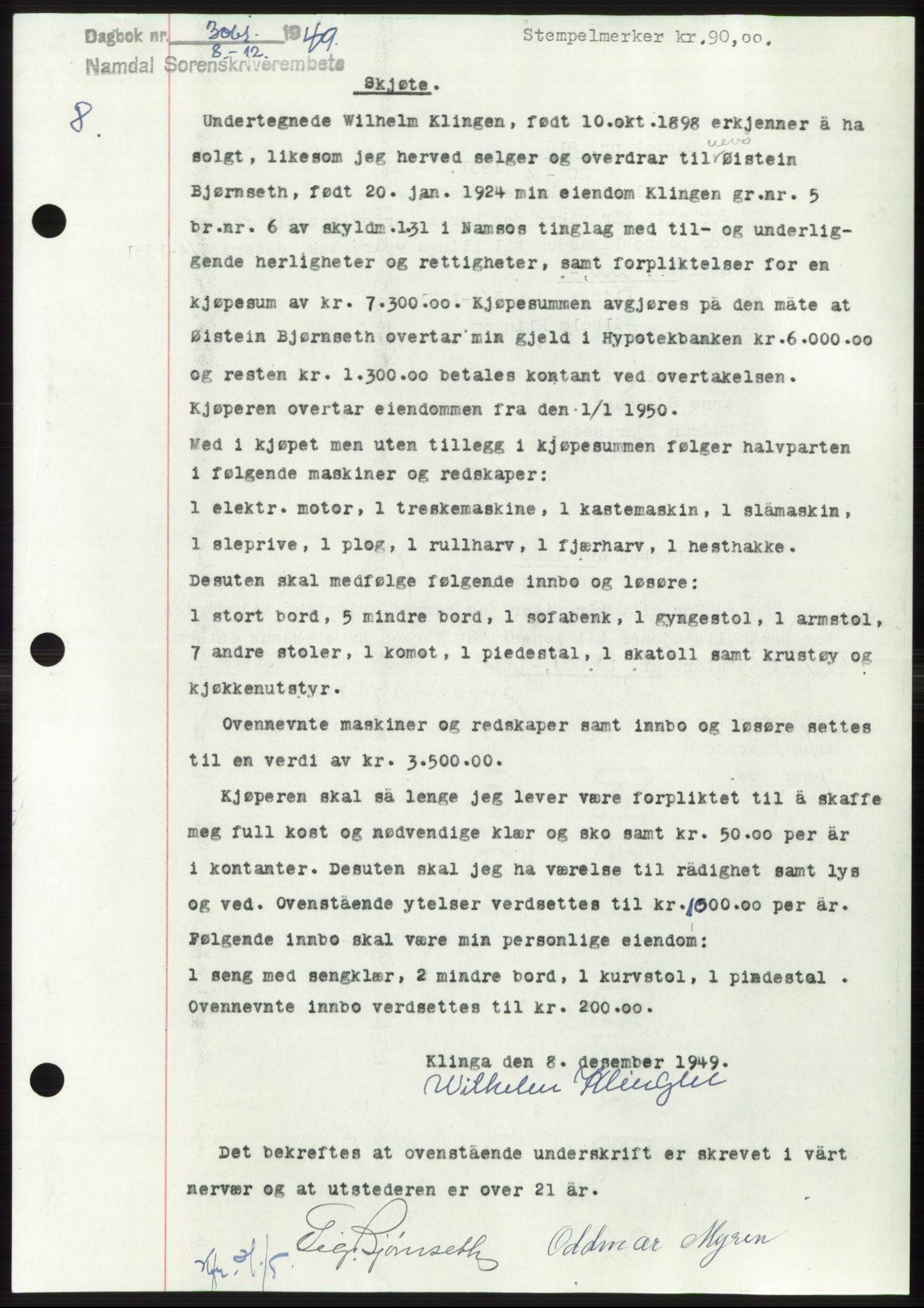 Namdal sorenskriveri, SAT/A-4133/1/2/2C: Pantebok nr. -, 1949-1949, Dagboknr: 3061/1949