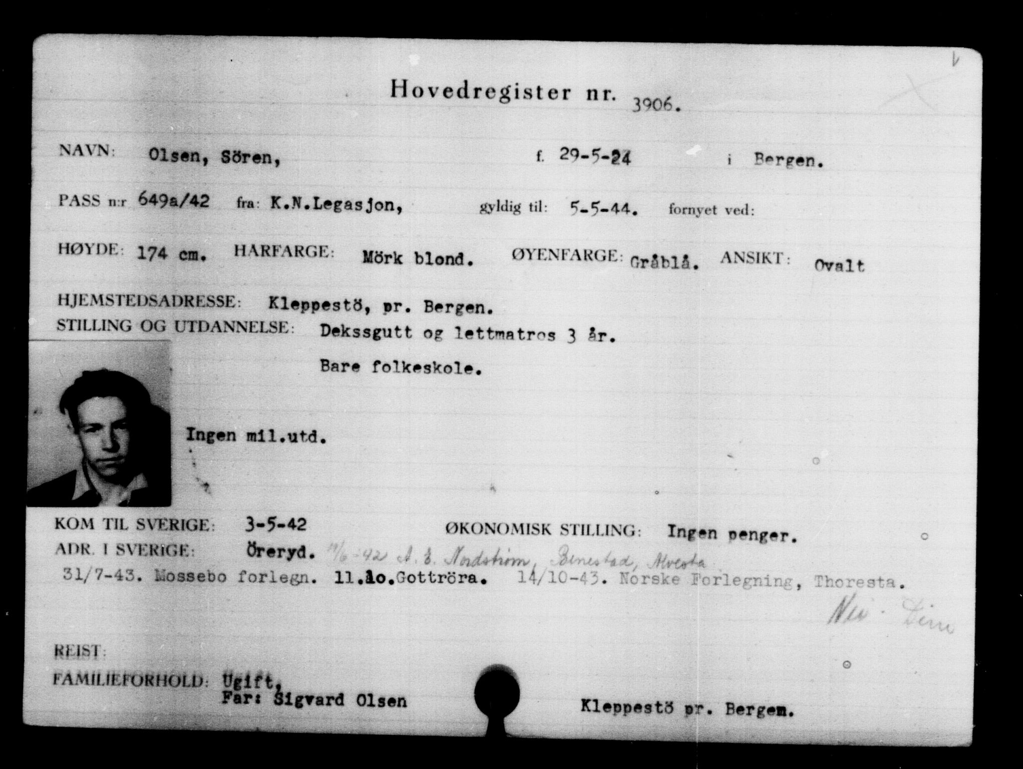 Utenriksstasjonene, Legasjonen i Stockholm, Flyktningkontoret, AV/RA-S-6753/V/Va/L0004: Kjesäterkartoteket, flyktninger med registreringsnr. 3496-6610, 1940-1945, s. 479