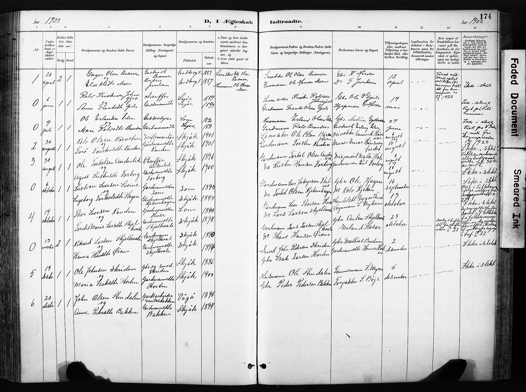 Skjåk prestekontor, AV/SAH-PREST-072/H/Ha/Hab/L0003: Klokkerbok nr. 3, 1893-1932, s. 174
