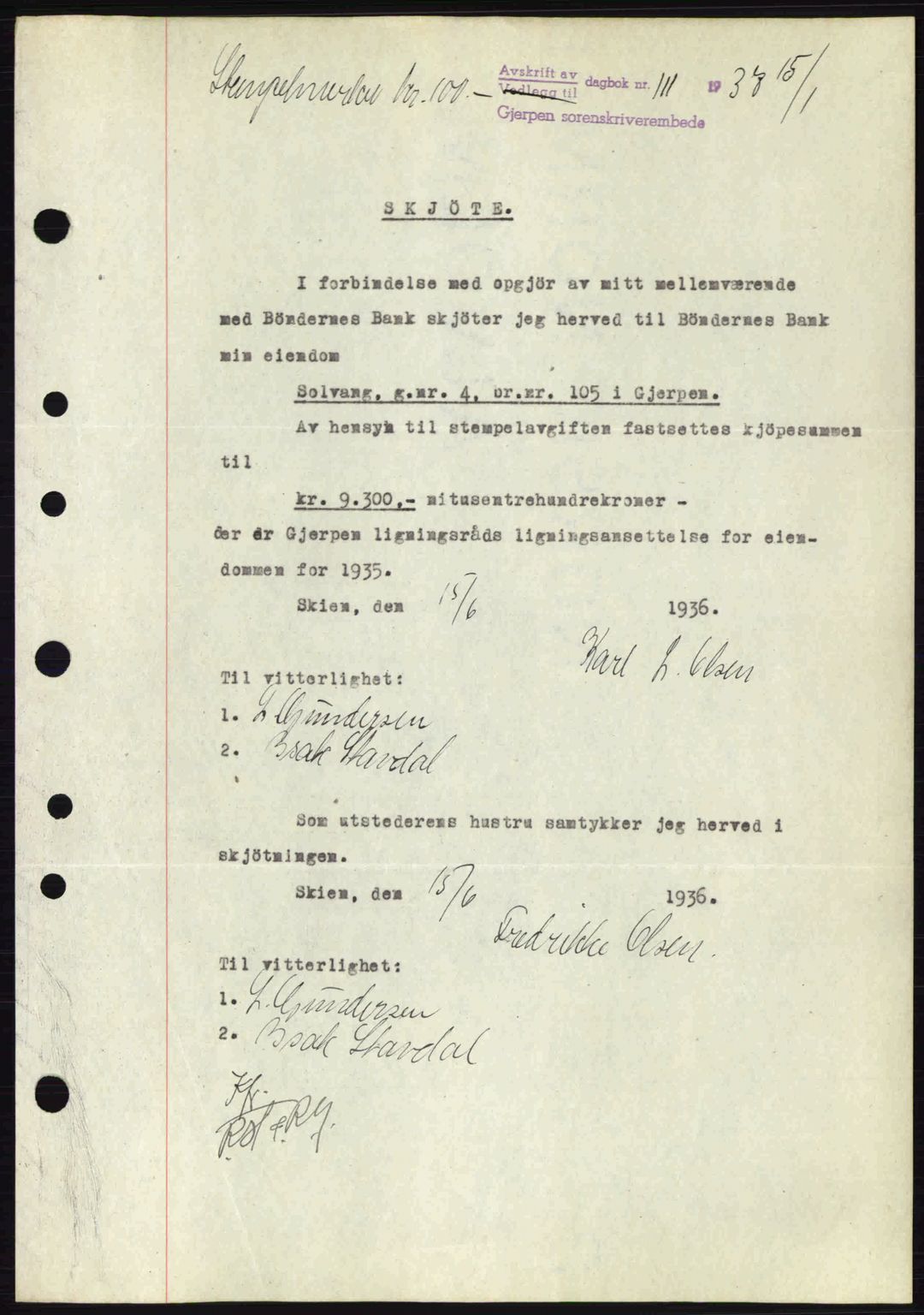 Gjerpen sorenskriveri, SAKO/A-216/G/Ga/Gae/L0067: Pantebok nr. A-66 - A-68, 1936-1937, Dagboknr: 111/1937